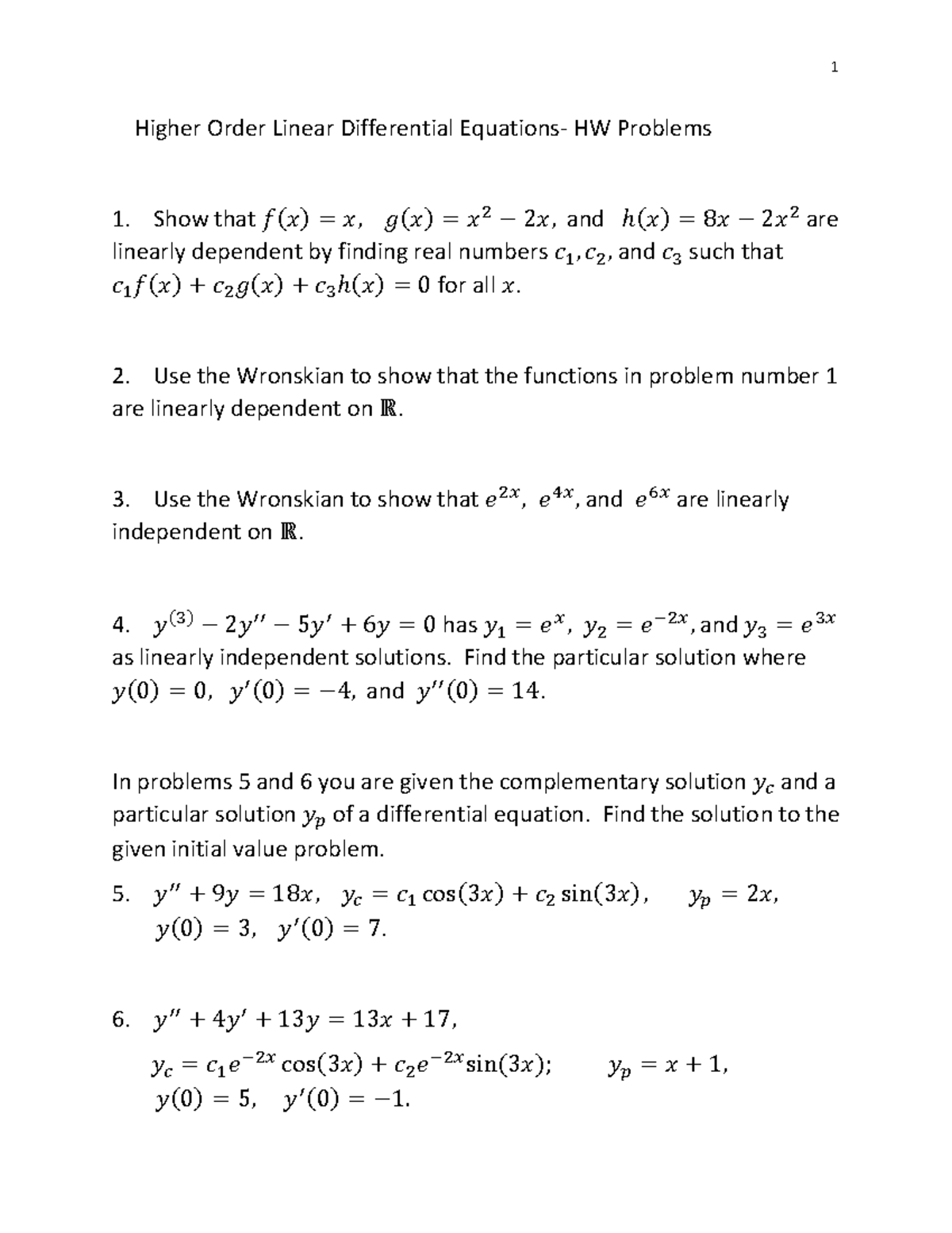 Highest Order - Ordinary Differential Equations - 1 Higher Order Linear ...