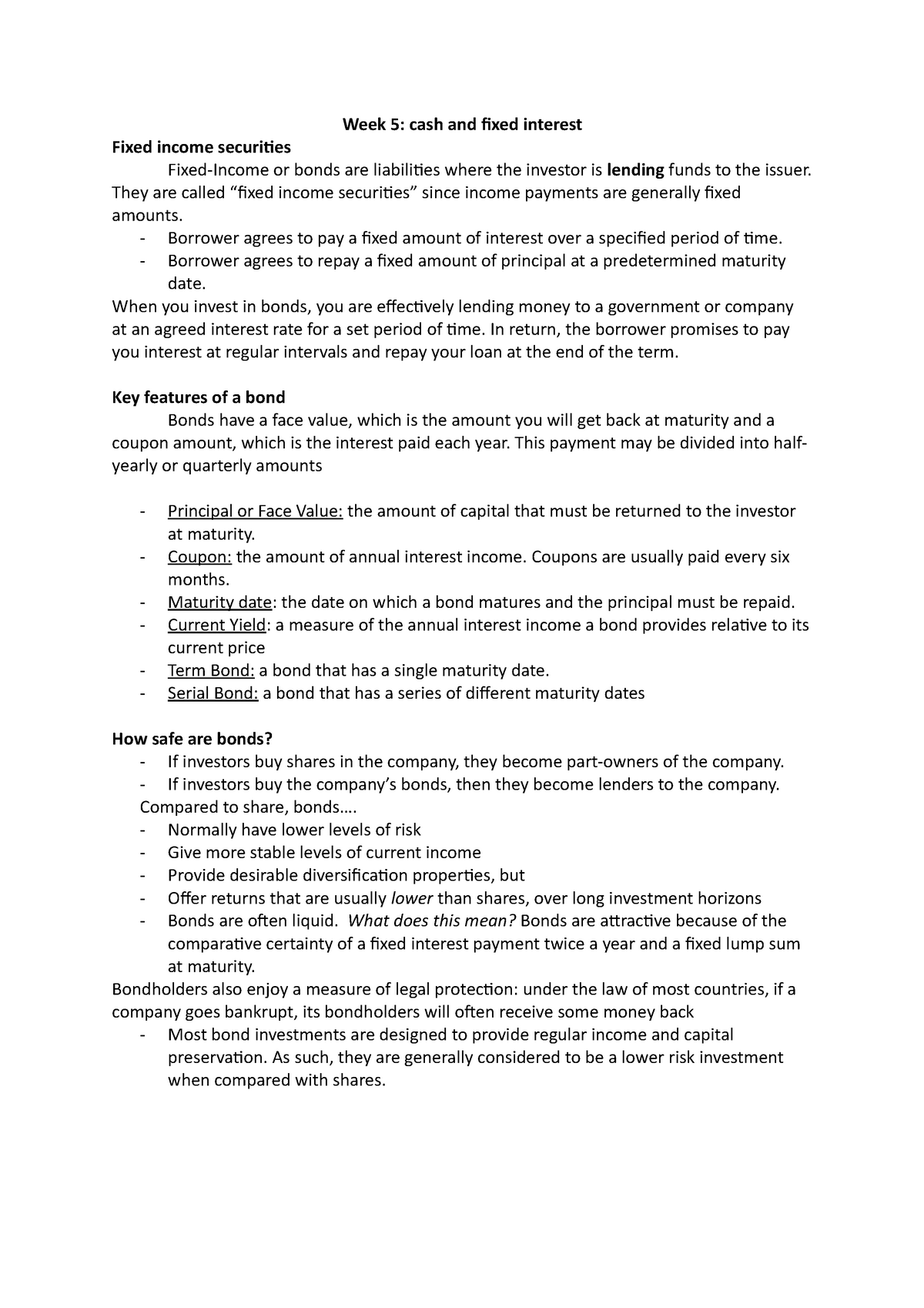 Personal asset management summary notes - Week 5: cash and fixed ...