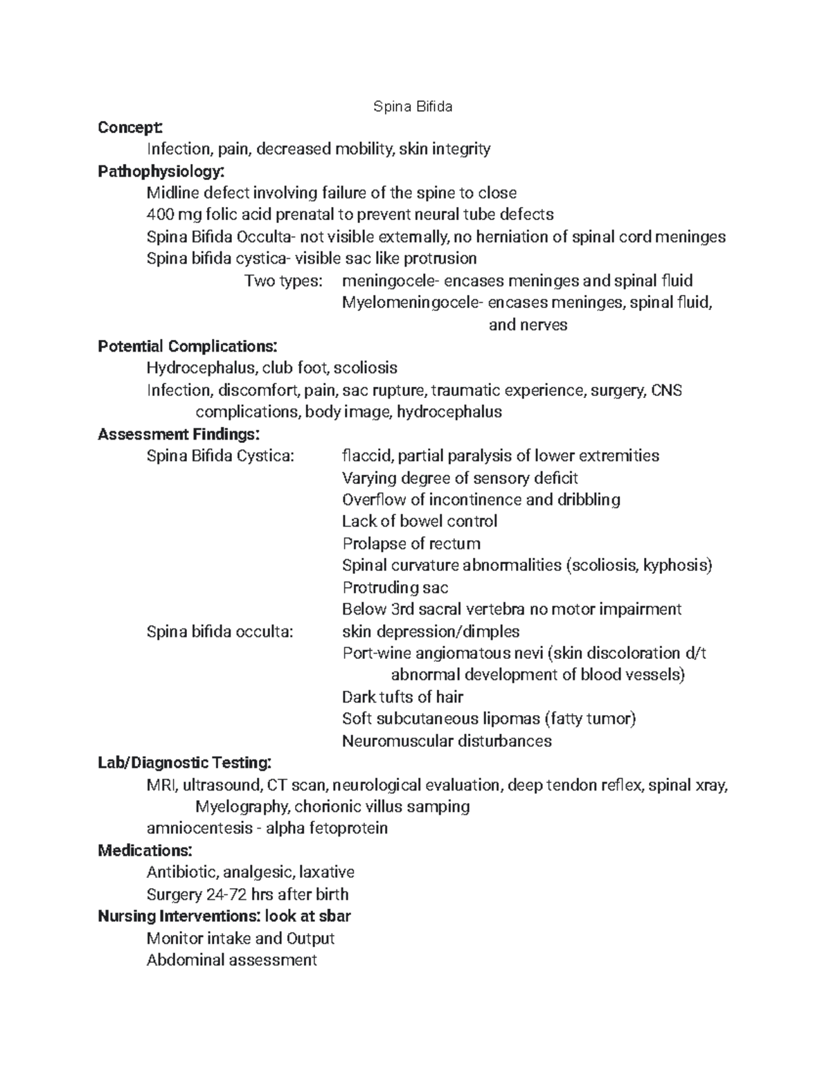 Spina Bifida - Spina Bifida Concept: Infection, pain, decreased ...