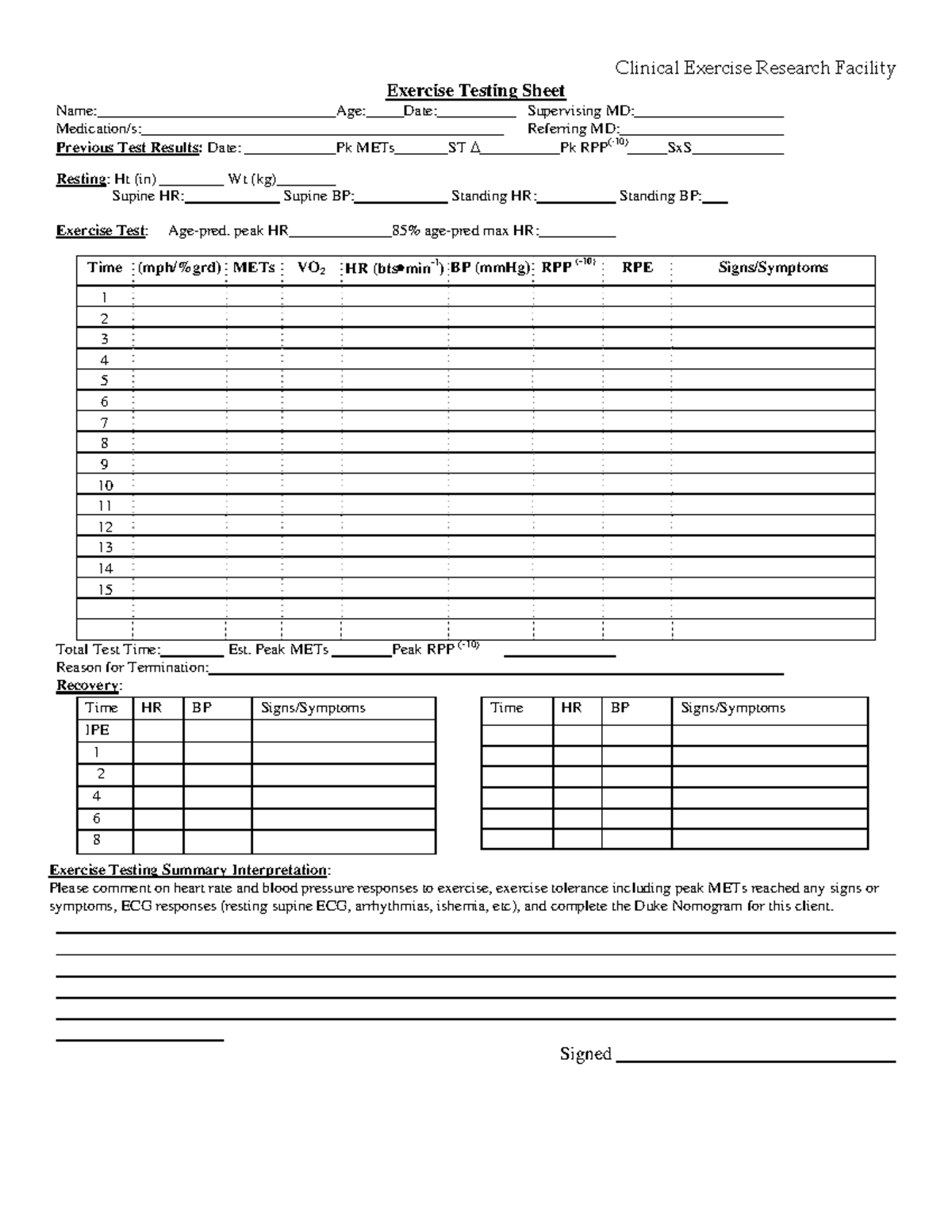 Ex Testing Sheet Clinical Exercise Research Facility Studocu - 