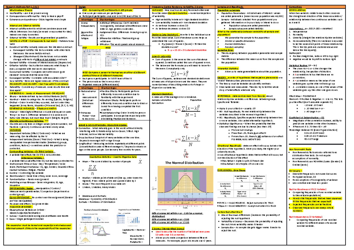 Stats Exam Final Summary Sheet - Research Methods Part 1, 2 & 3 Design ...