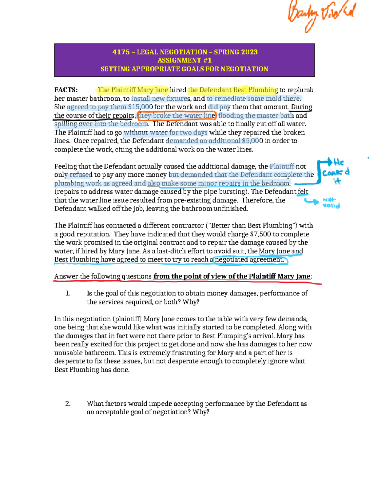 Assignment 1 legal negotiation copy - 4175 – LEGAL NEGOTIATION – SPRING ...
