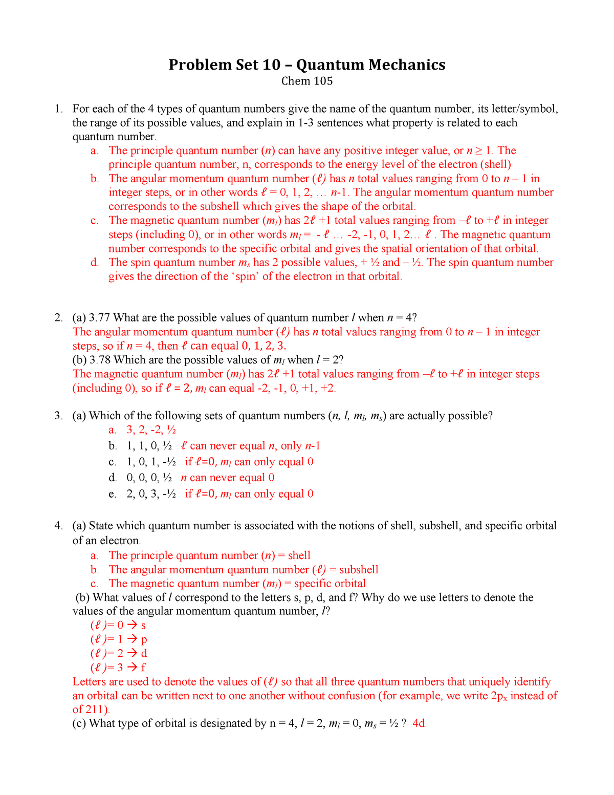PS 25 25 key - key - Problem Set 25 – Quantum Mechanics Chem 255 With Quantum Numbers Practice Worksheet