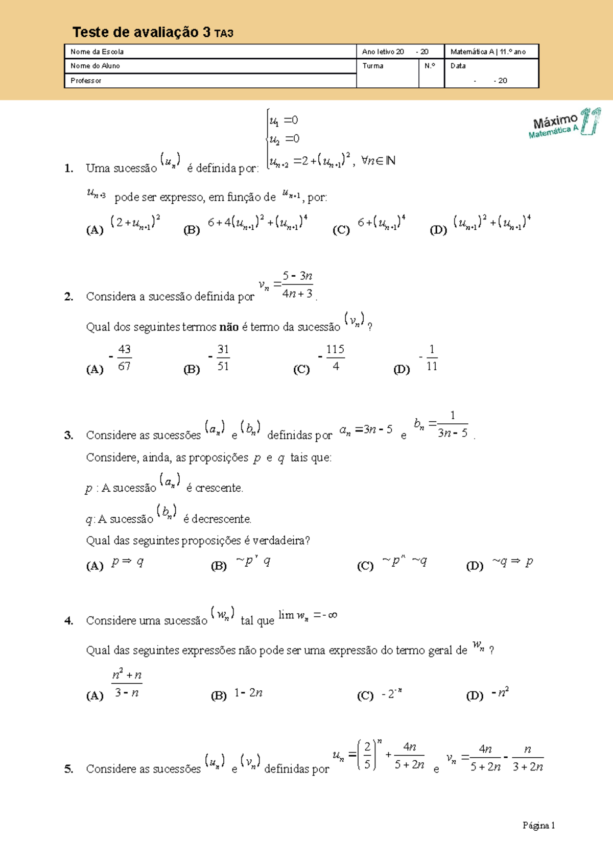 Mma11 ta 3 - Exercícios de matemática A 11º ano - ####### 1. Uma ...