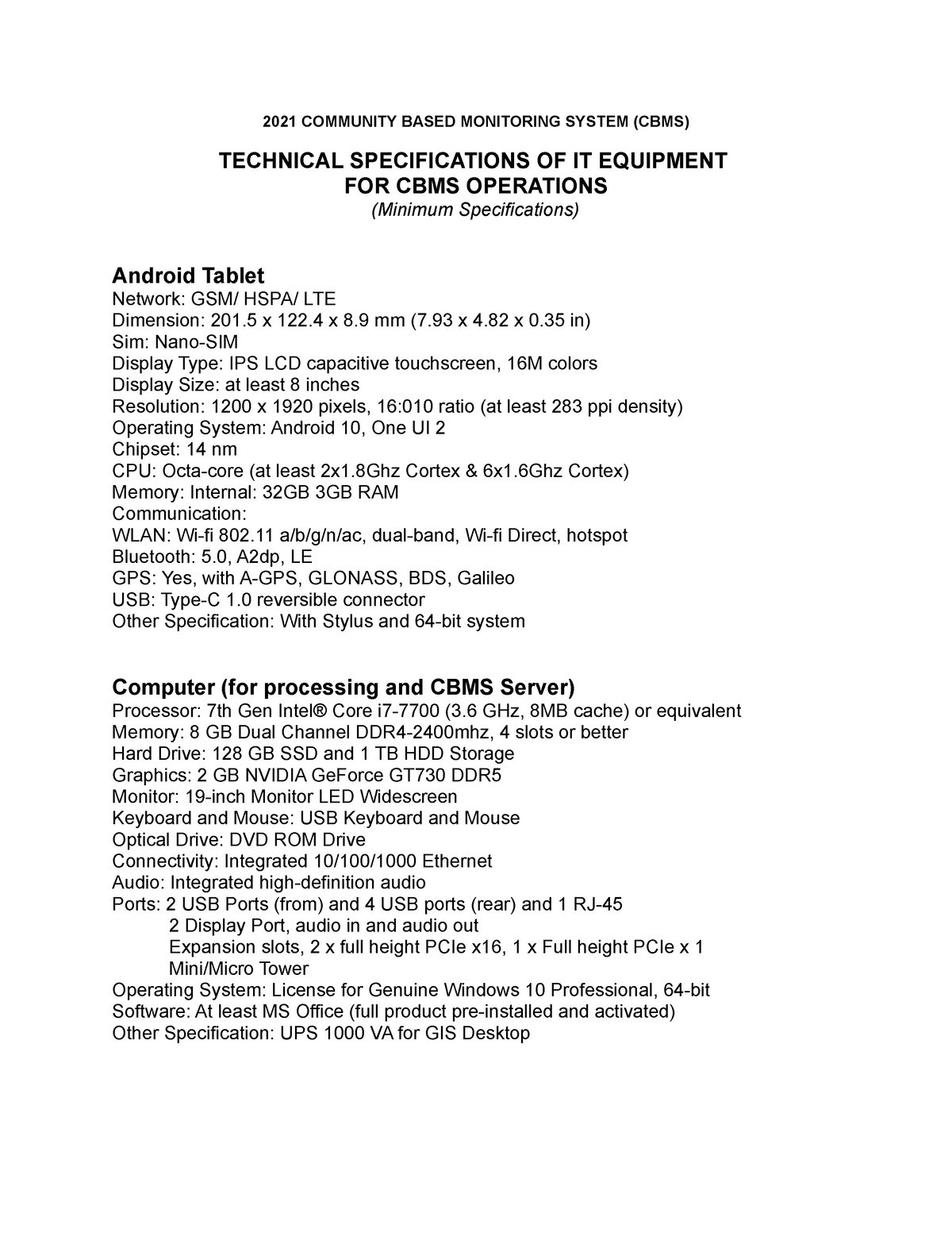 3. Minimum Technical Specifications Of IT Equipment For CBMS - 2021 ...