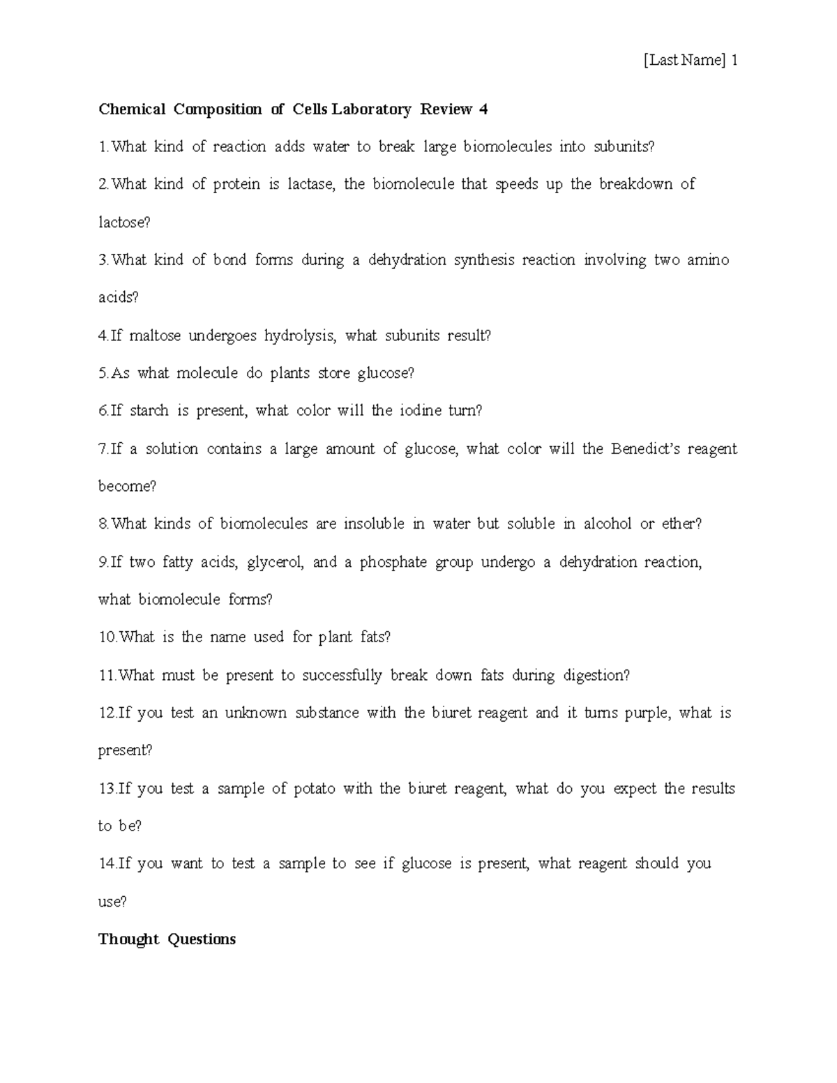 Lab review4 assignment [Last Name] 1 Chemical Composition of Cells
