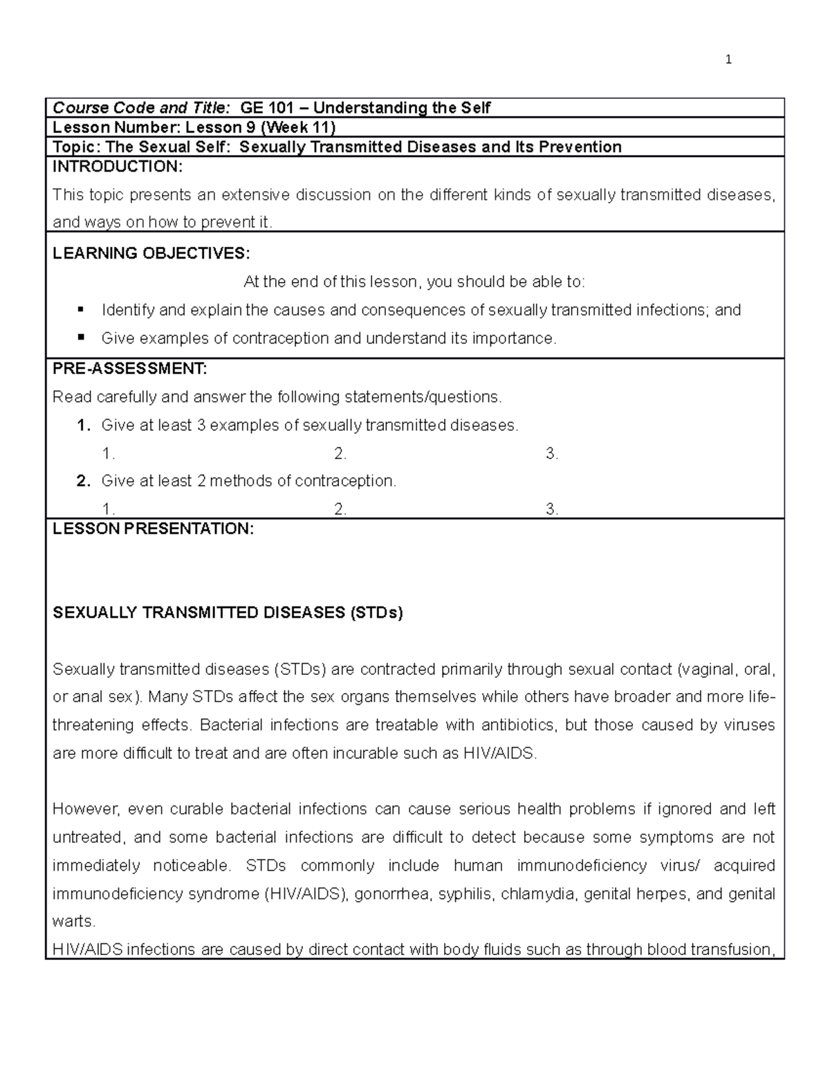 Lesson 9 Week 11 The Sexual Self STD and Prevention by Sir CSD - Course ...