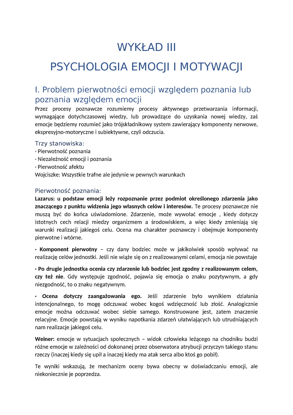 Emocje, A Pamięć I Uwaga, Pierwotność Emocji - WYKŁAD III PSYCHOLOGIA ...