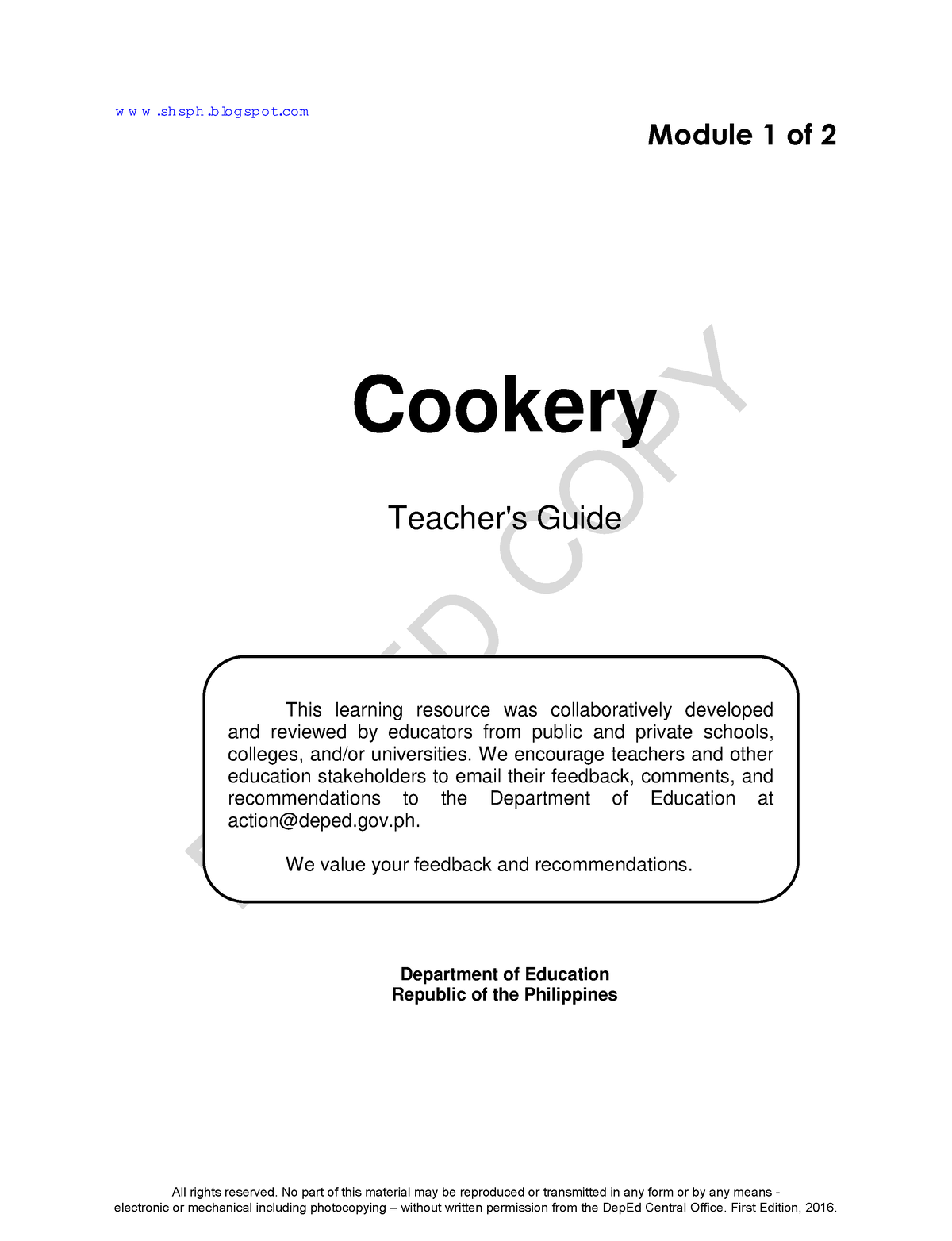 Cookery TG Mod.1 SHS V - DEPED COPY Module 1 Of 2 Cookery Teacher's ...