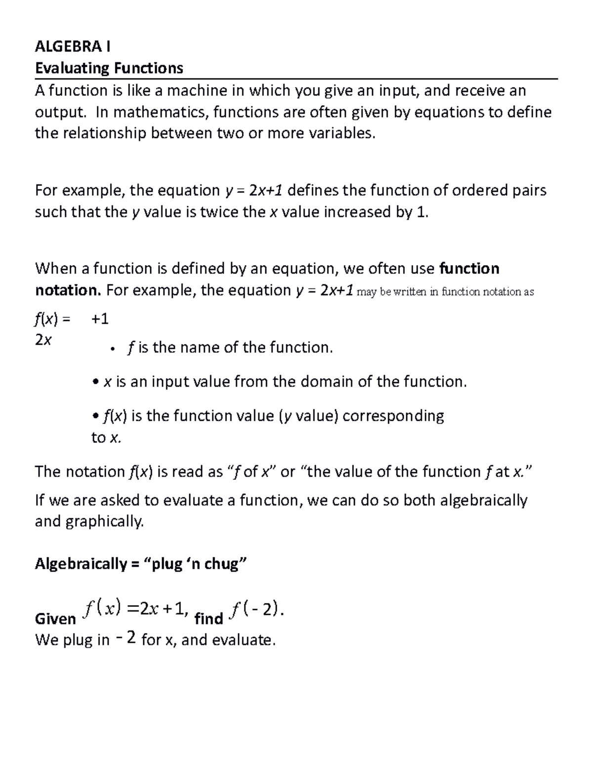 Evalfunctions - evaluation of functions - ALGEBRA I Evaluating ...