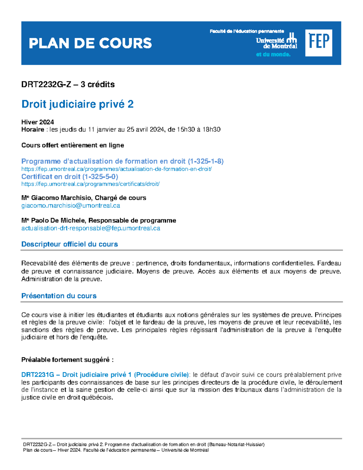 Plan de cours - DRT2232G-Z – Droit judiciaire privé 2. Programme d ...