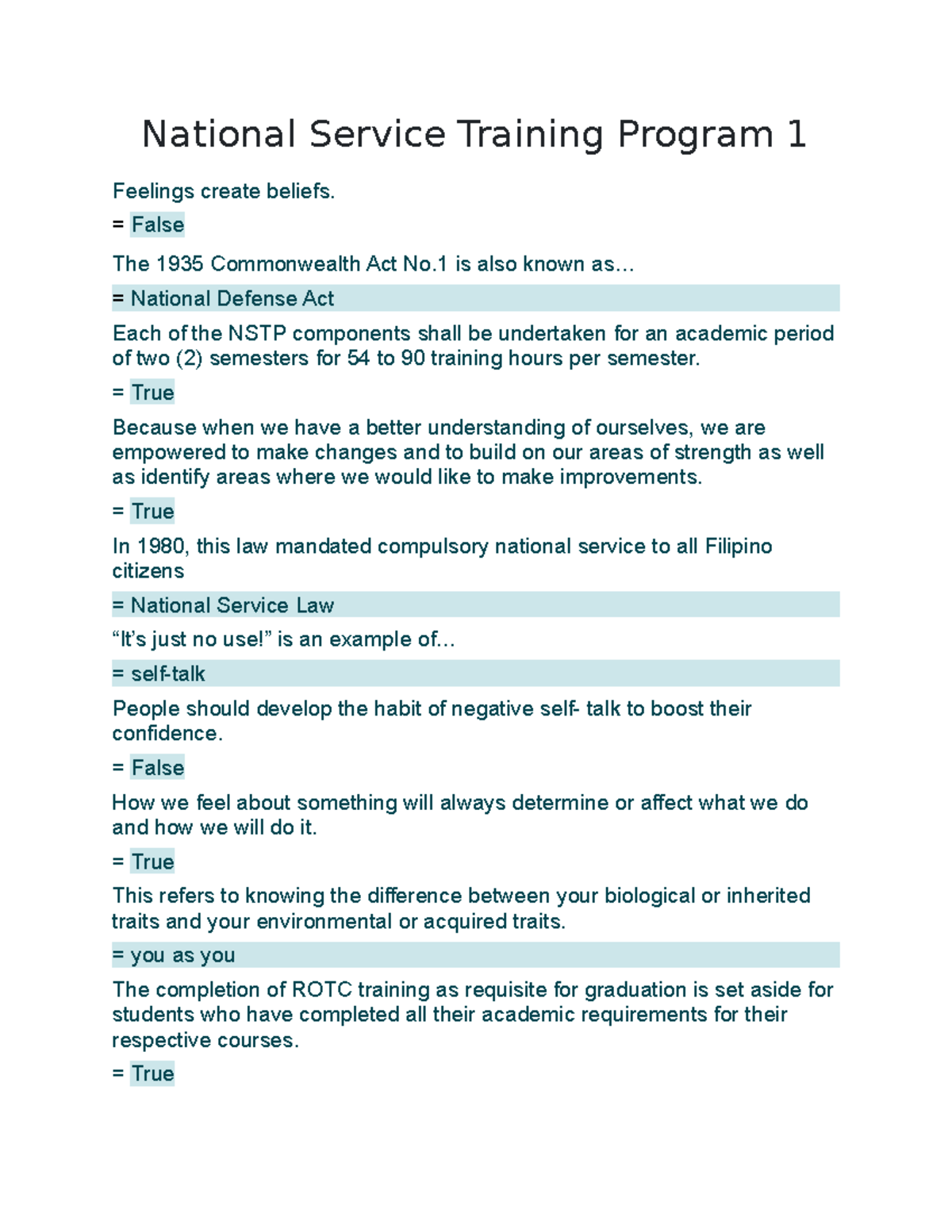 National Service Training Program 1 - = False The 1935 Commonwealth Act ...