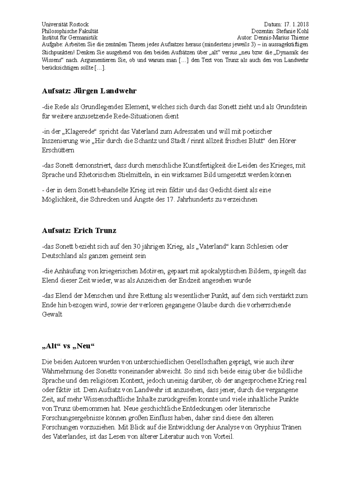 Tränen Des Vaterlandes Gedichtanalyse 5. Aufsatz Tränen des Vaterlandes - Rostock Datum: 17. 1 Philosophische