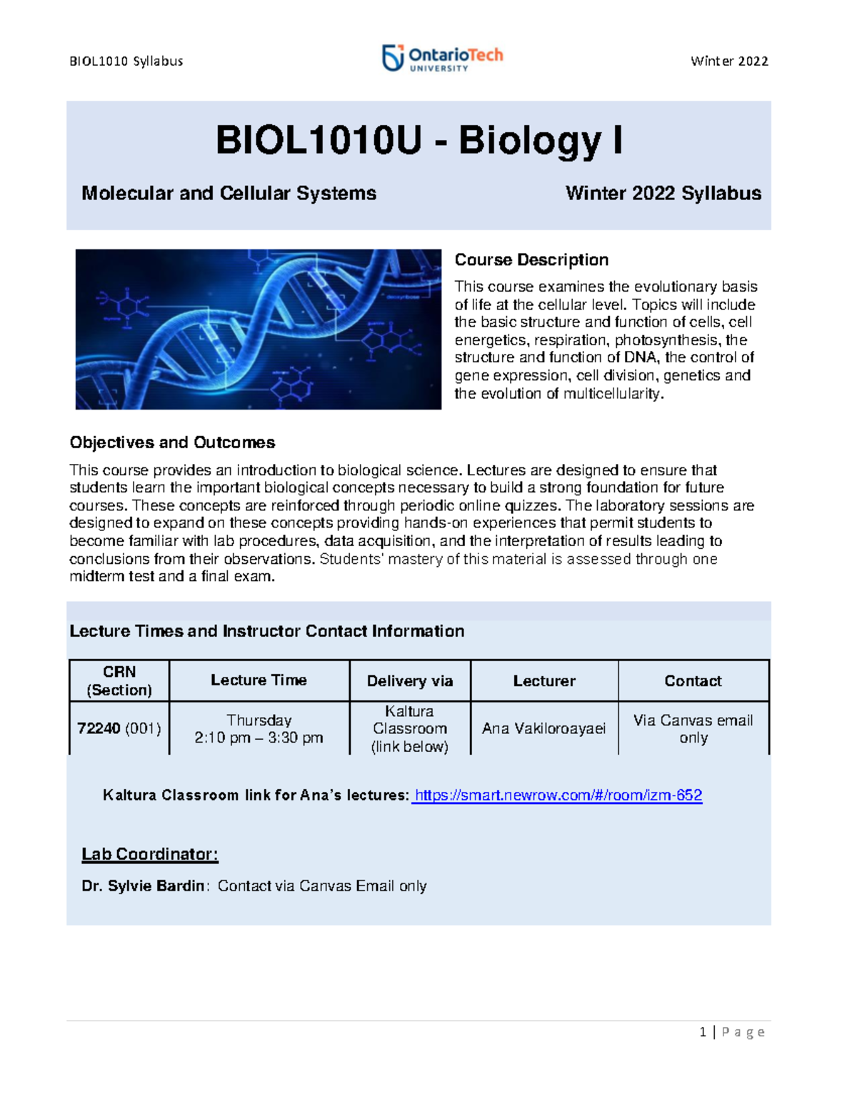 BIOL 1010U - Winter 2022 - BIOL1010U - Biology I Molecular And Cellular ...