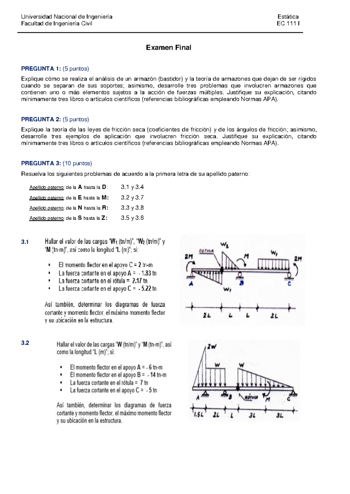 EF 20-1 Herrera EC111 I - Examen final de estática - Universidad ...