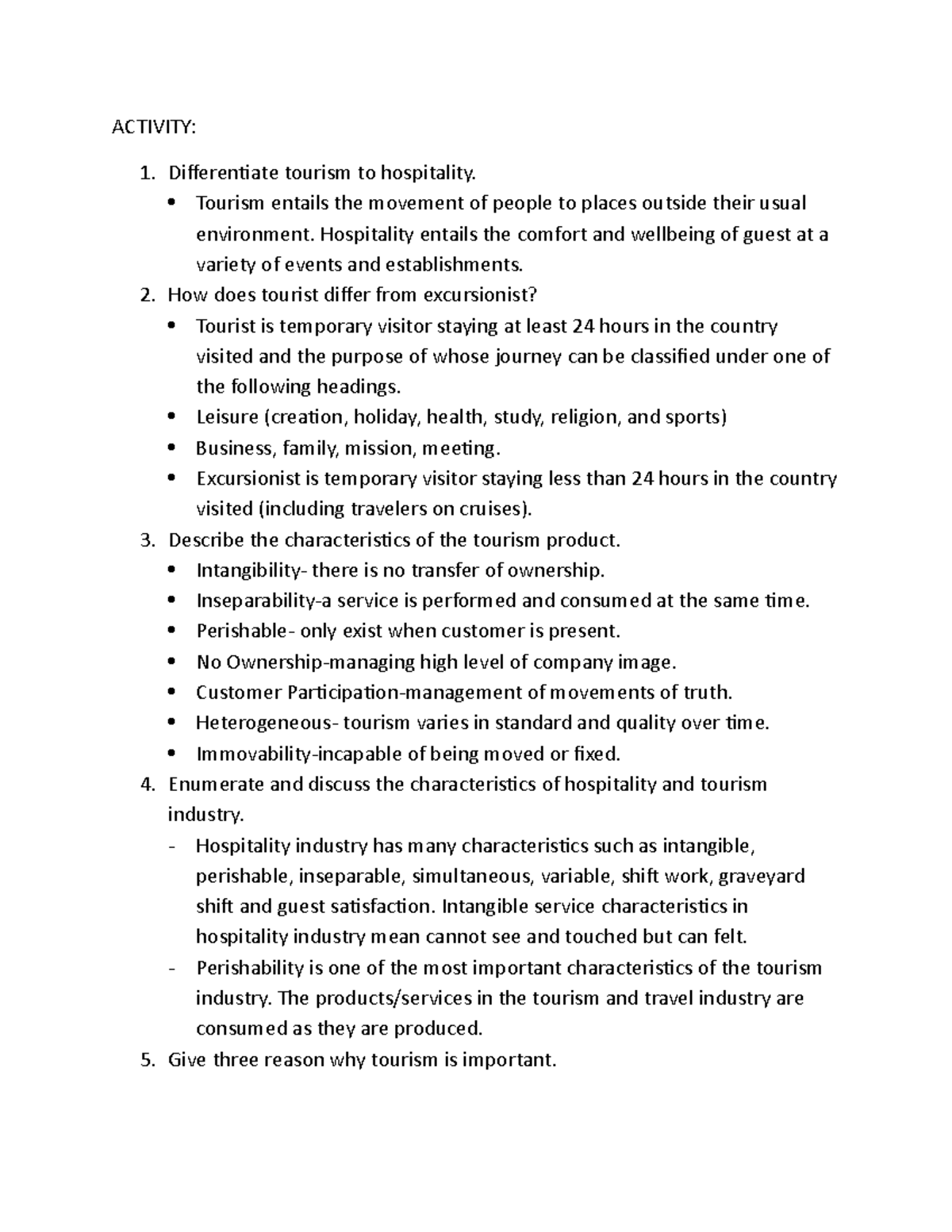 Activity no Lecture notes 12 ACTIVITY Differentiate tourism to