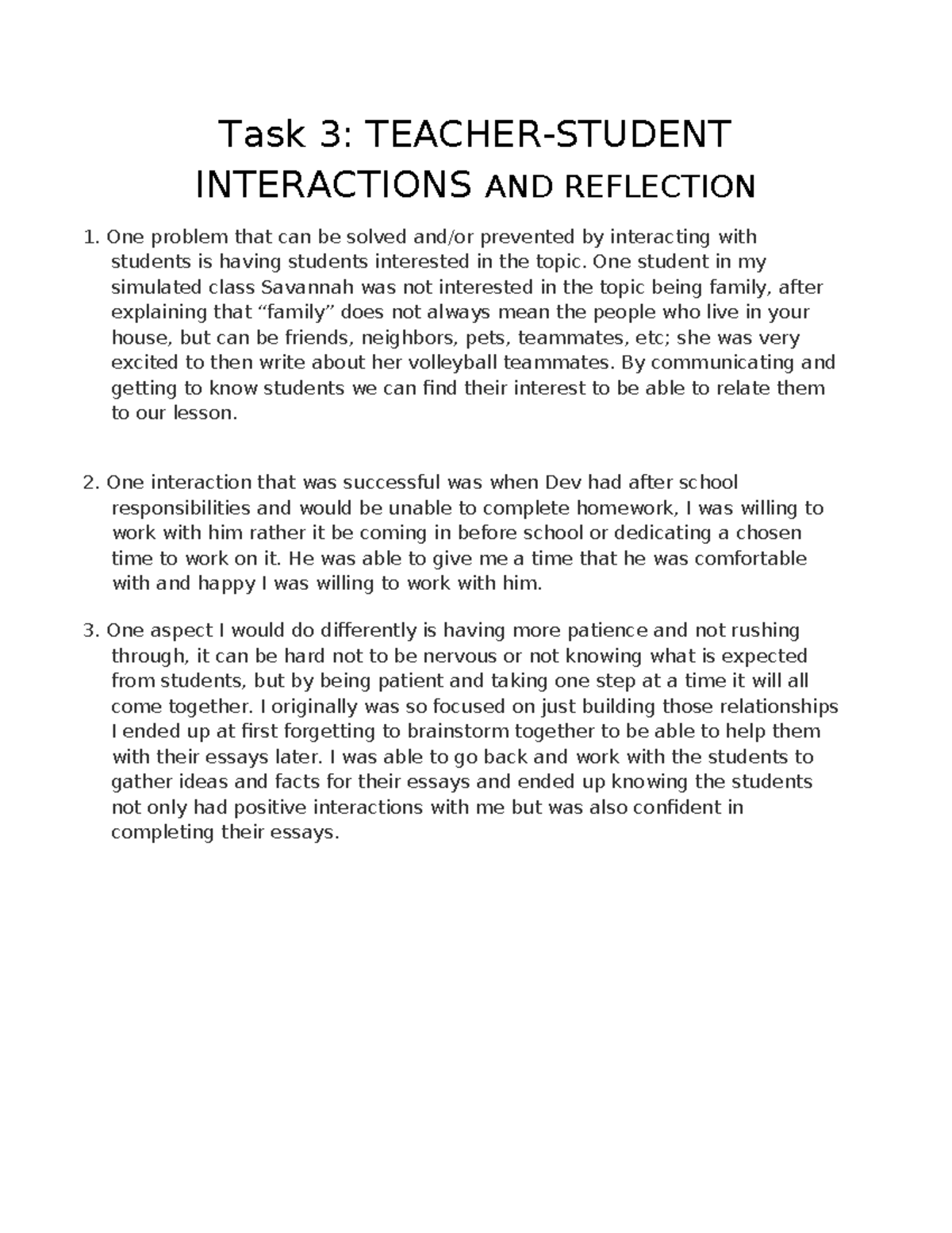 Task 3- D095 - Passed - Task 3: TEACHER-STUDENT INTERACTIONS AND ...