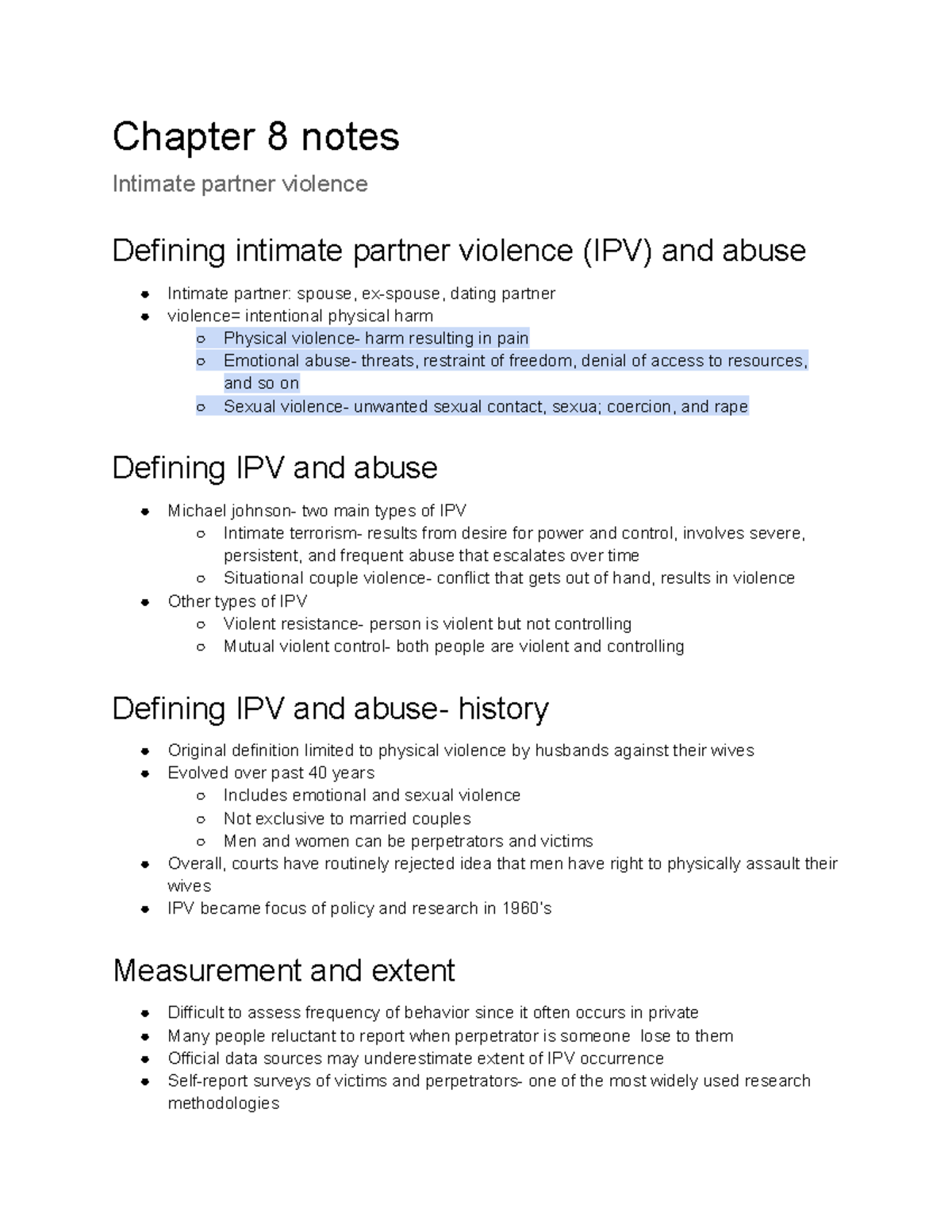 Chapter 8 notes - Chapter 8 notes Intimate partner violence Defining ...