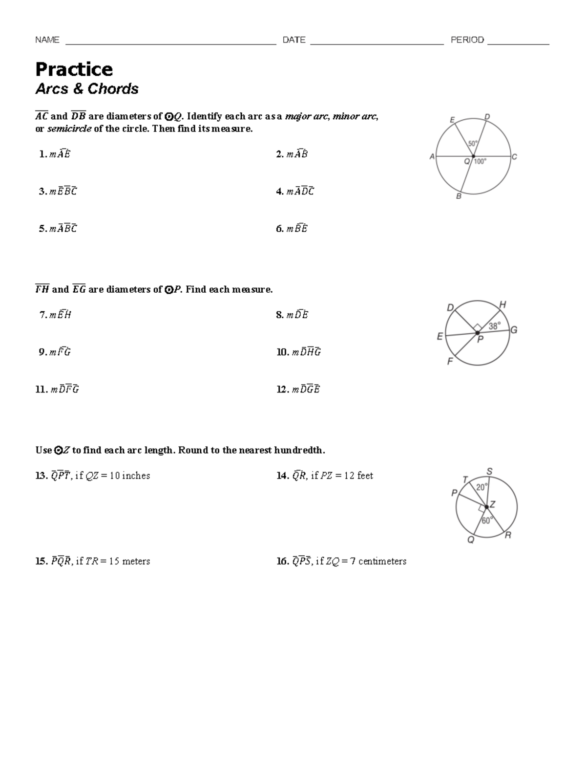 2a Arcs and Chords Worksheet - NAME ...