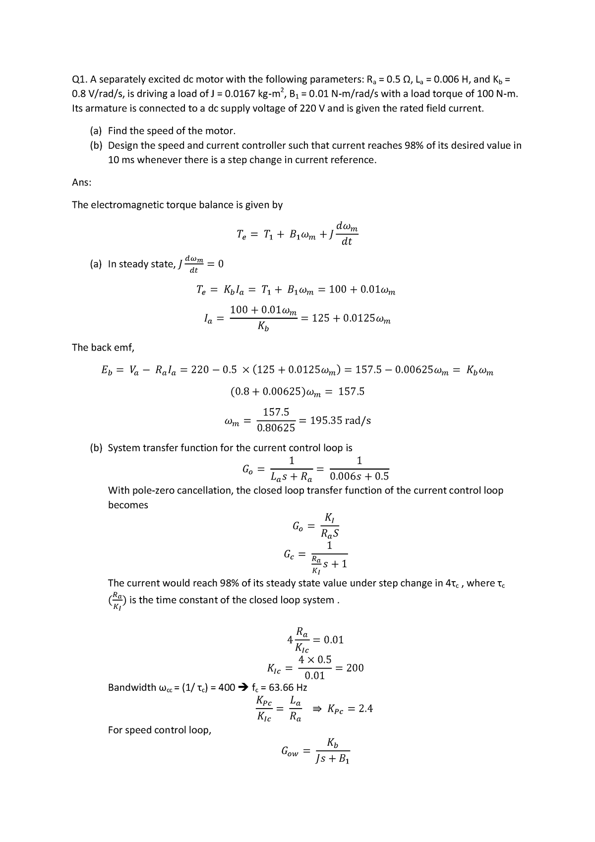 Tutorial-4 Solutions - Q1. A separately excited dc motor with the ...