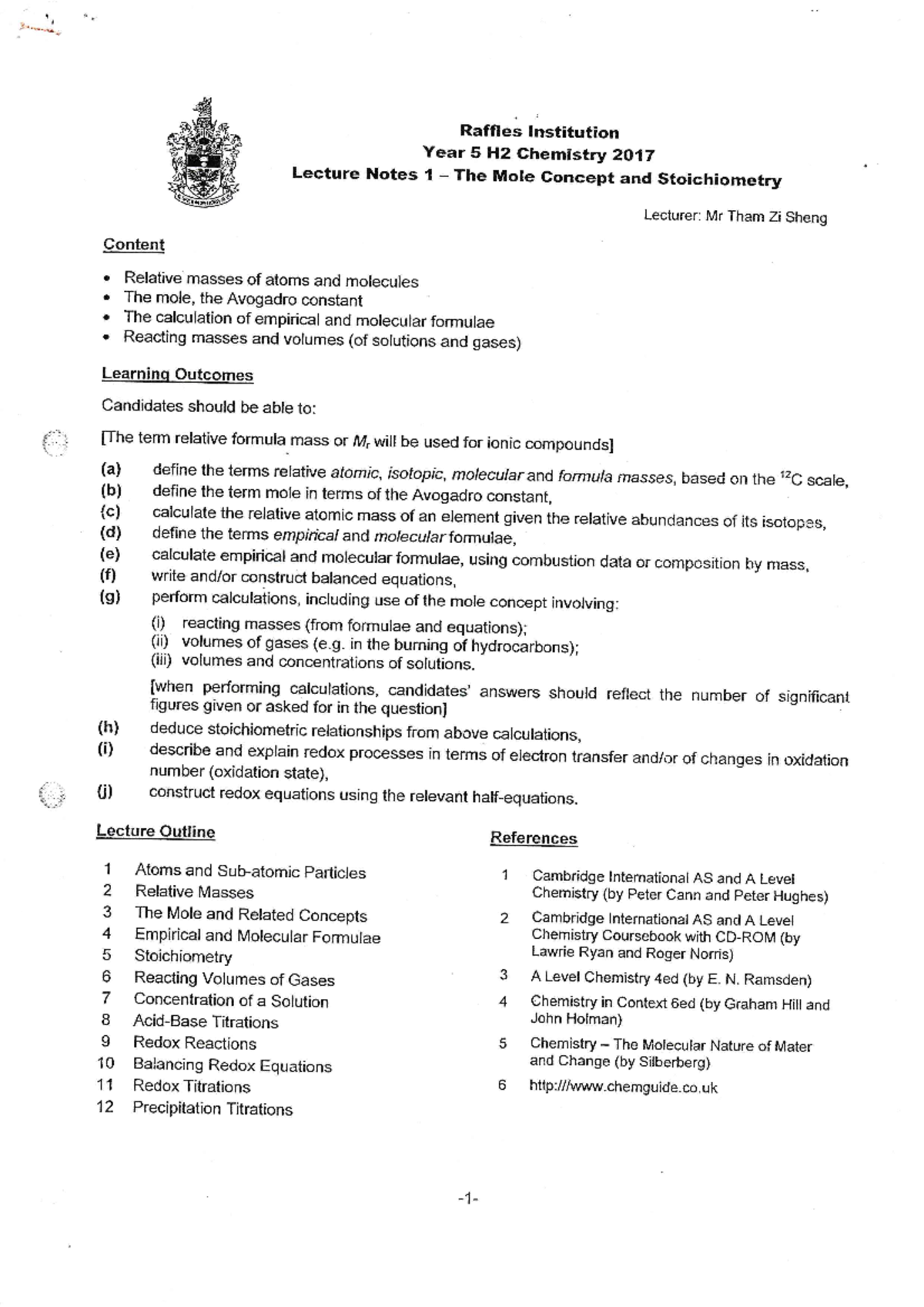 Lecture Notes 1 - The Mole Concept & Stoichiometry - biochemistry - Studocu