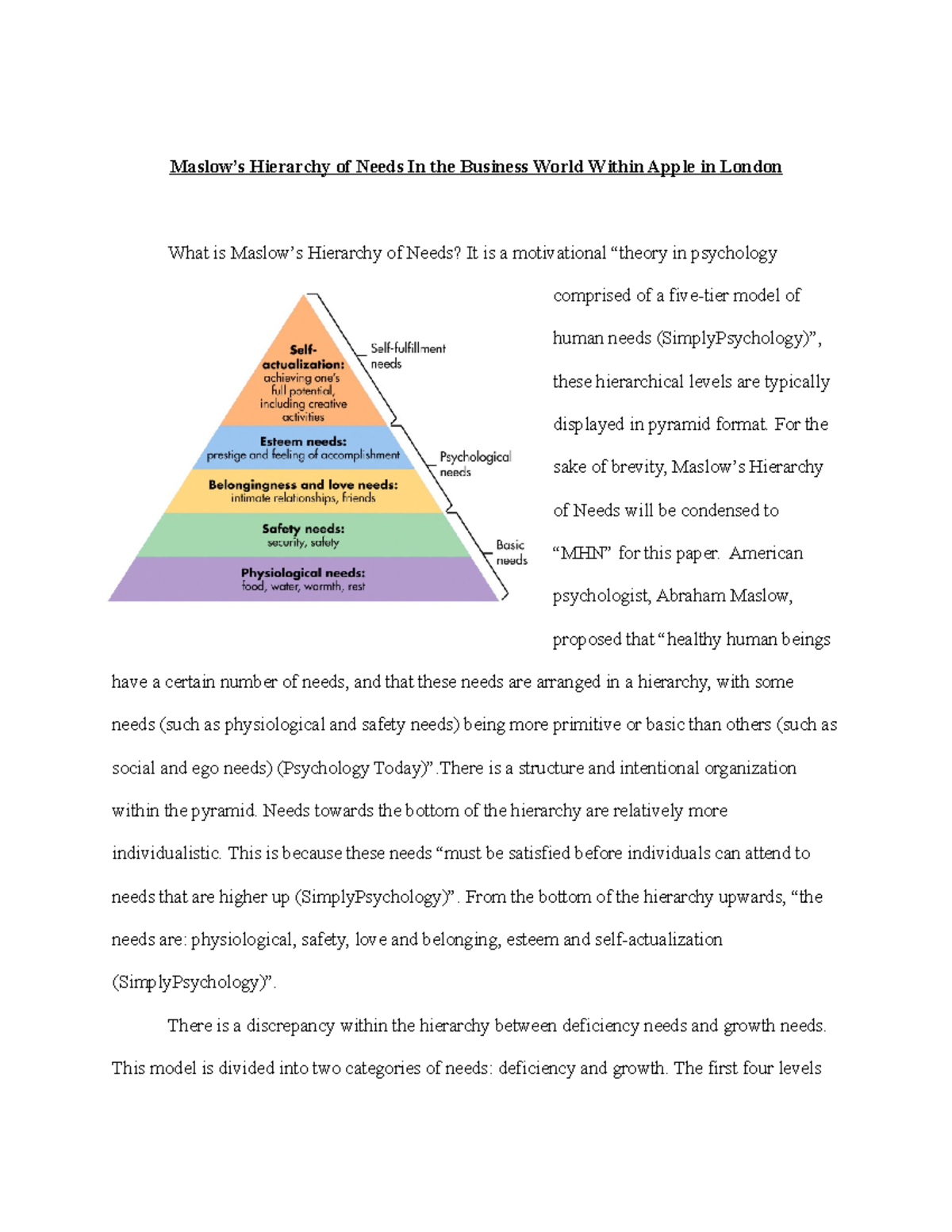 MGMT3000 Notes Over Need Hierarchies In The Workplace - Maslow’s ...