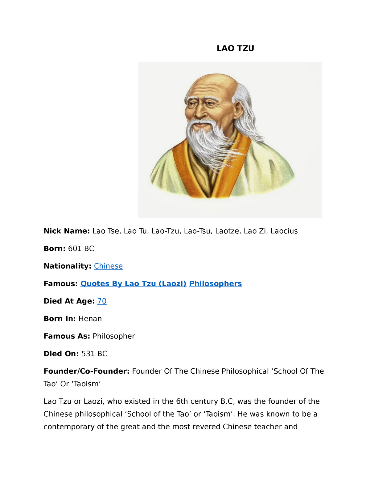 Crismae History - Grade: 85 - LAO TZU Nick Name: Lao Tse, Lao Tu, Lao-Tzu,  Lao-Tsu, Laotze, Lao Zi, - Studocu