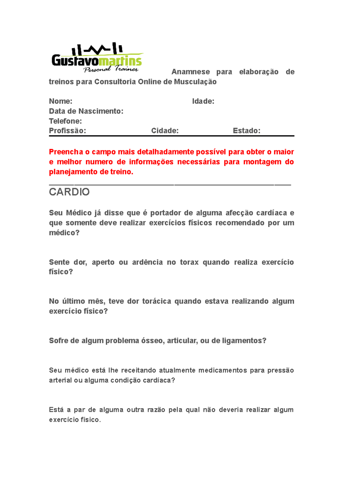 Importância da anamnese (questionário) no treino a distância - Personal  Trainer Online