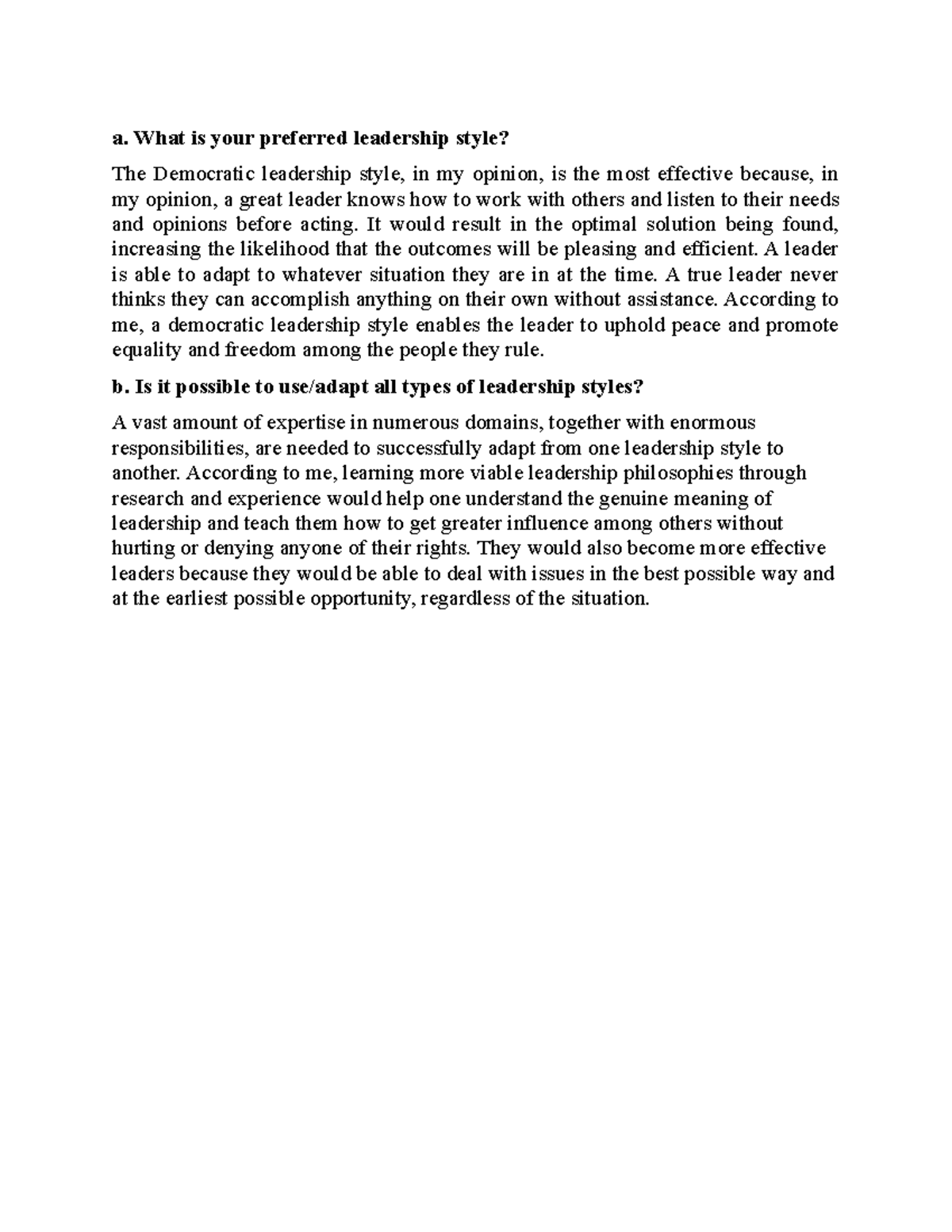 NSTP 1 - Lec Notes - a. What is your preferred leadership style? The ...