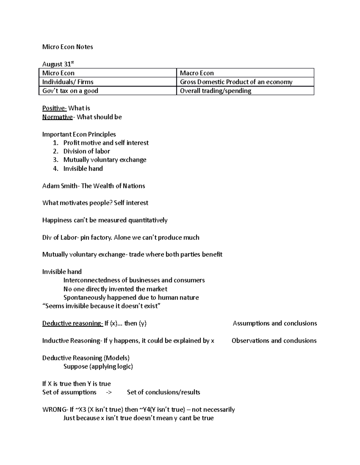 Micro Econ Notes - Micro Econ Notes August 31st Micro Econ Macro Econ ...