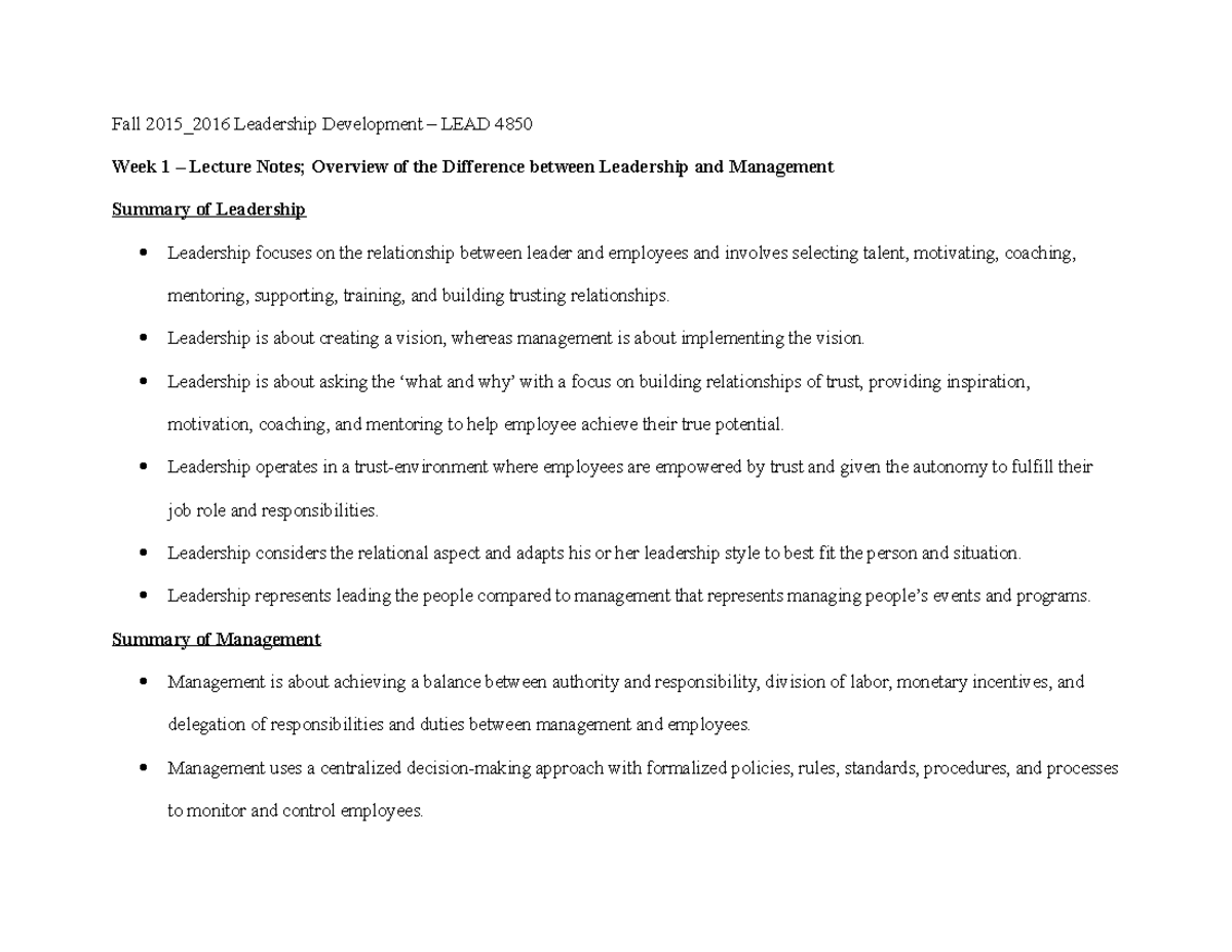 Week 1 lecture notes diff between leadership and management - Fall 2015 ...