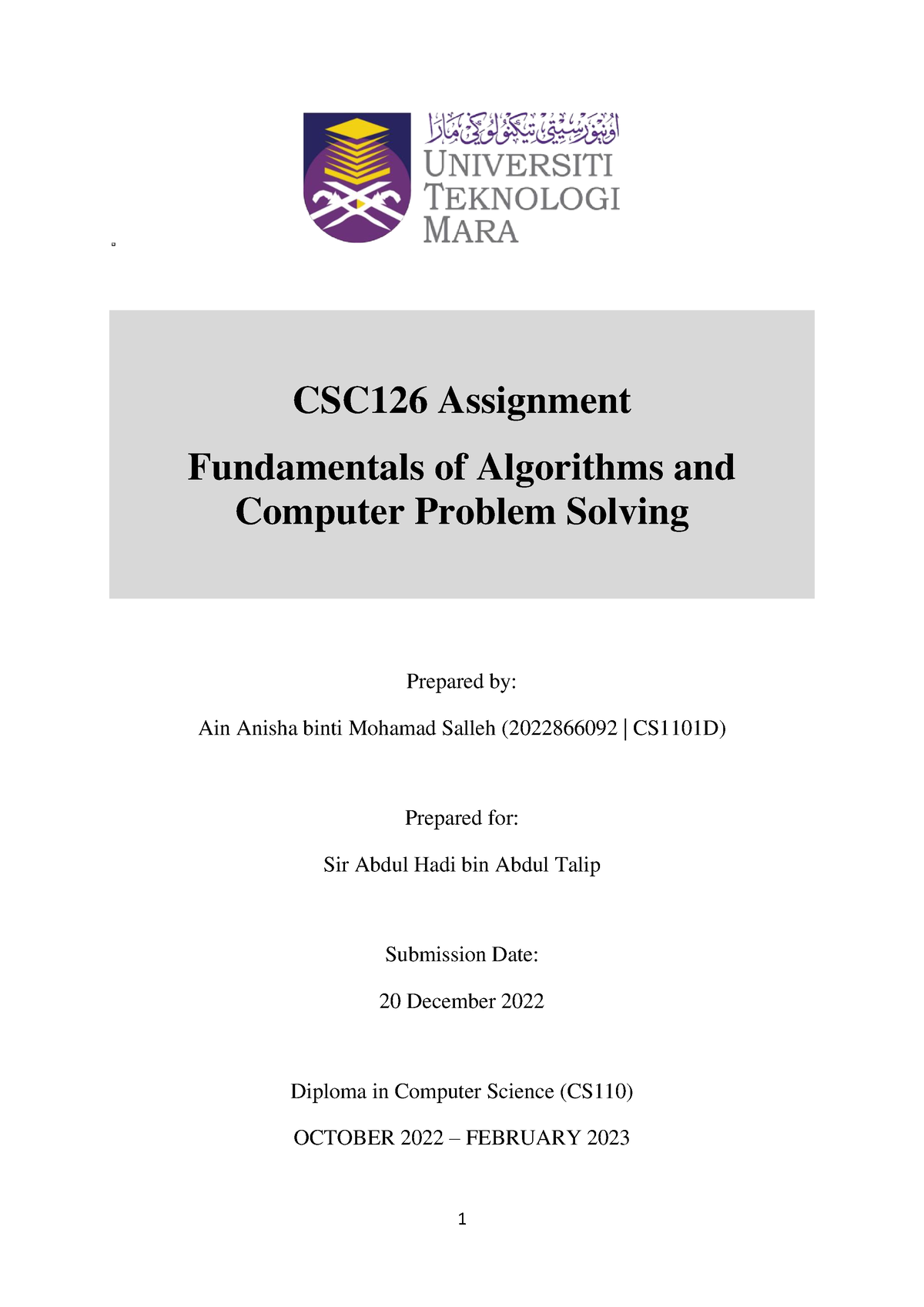 INDIVIDUAL ASSIGNMENT CSC126 - CSC126 Assignment Fundamentals Of ...