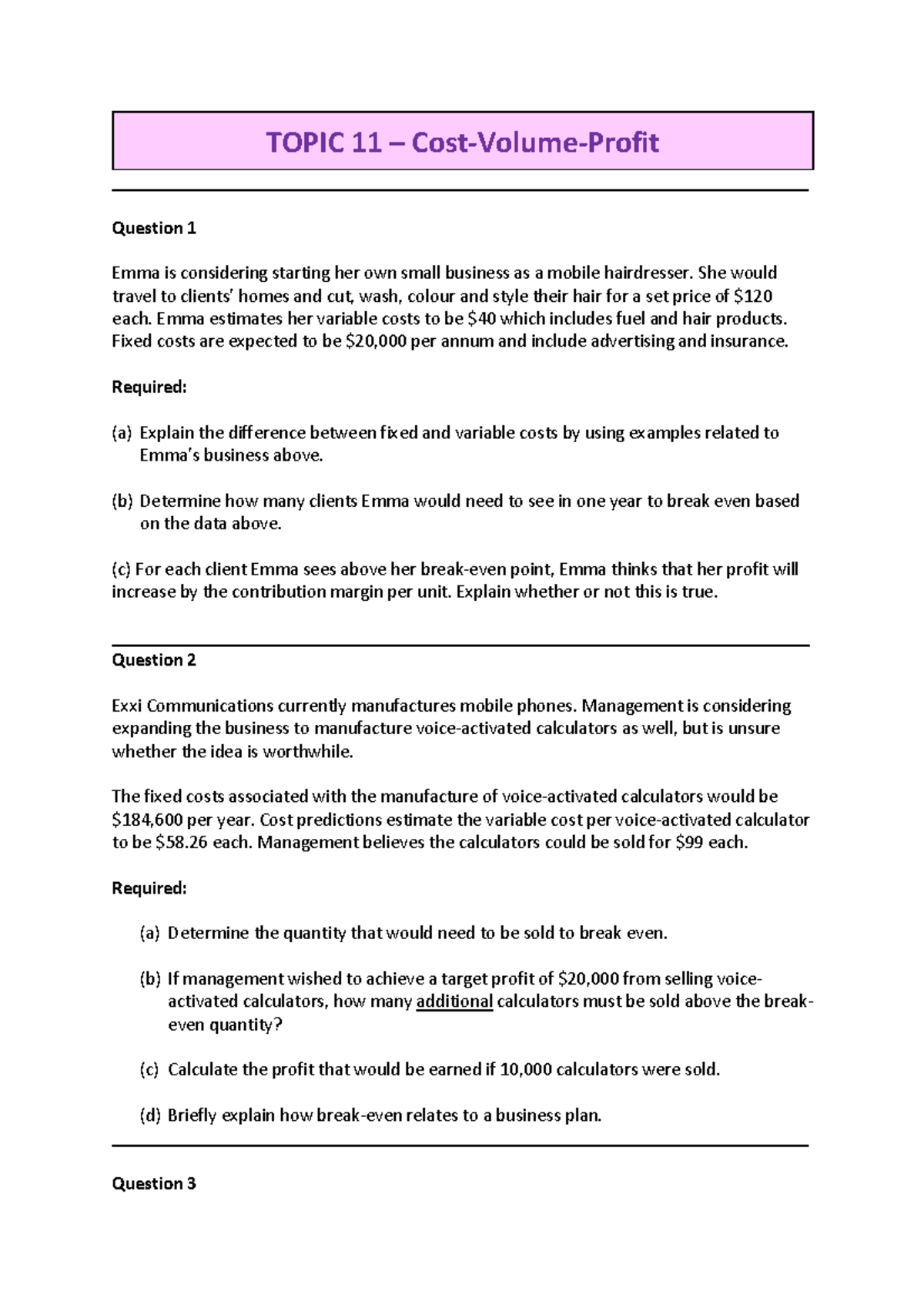 Topic 11 - Cost Volume Profit - S2 2022 - TOPIC 11 3 Cost-Volume-Profit ...