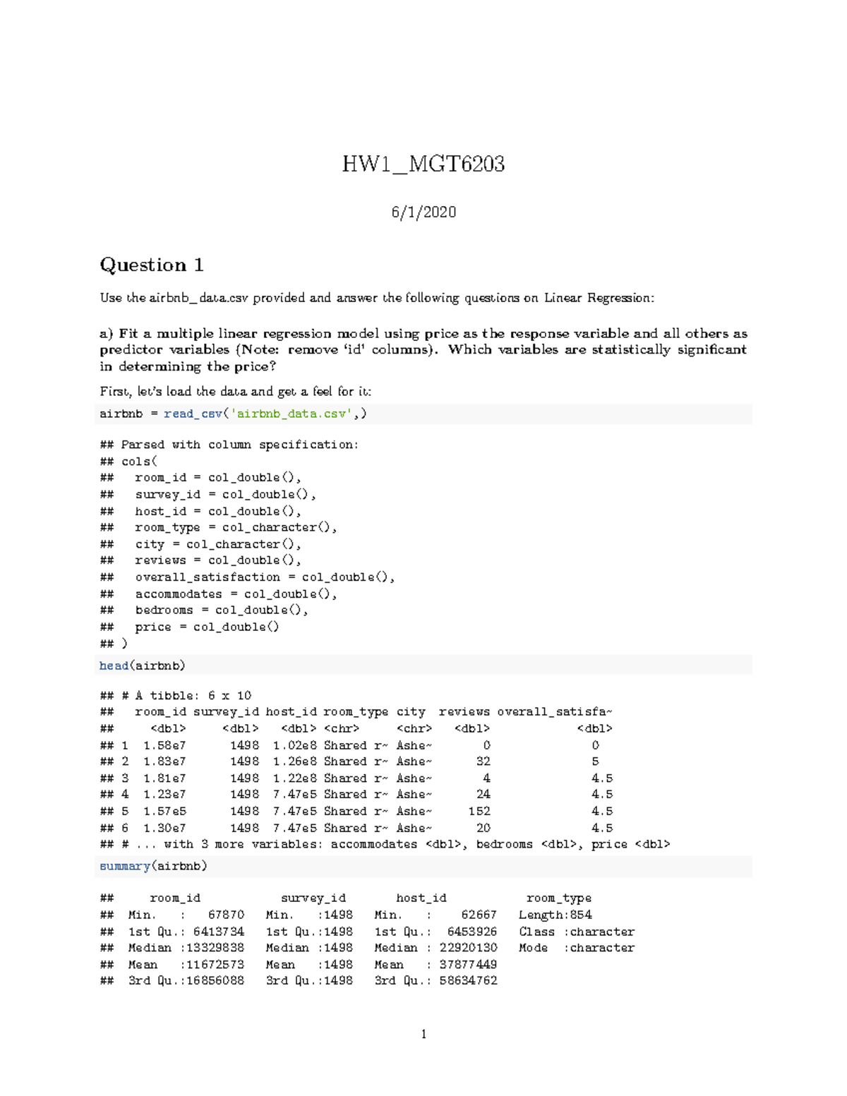 HW1 PT2 - HW1_MGT 6/1/ Question 1 Use The Airbnb_data Provided And ...