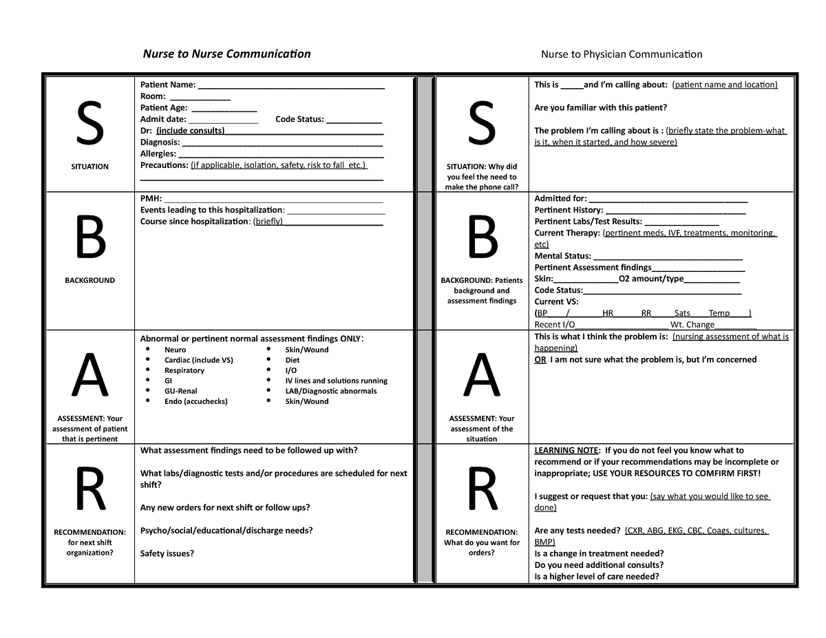 SBAR form-1 - coursework - Nurse to Nurse Communication Nurse to ...