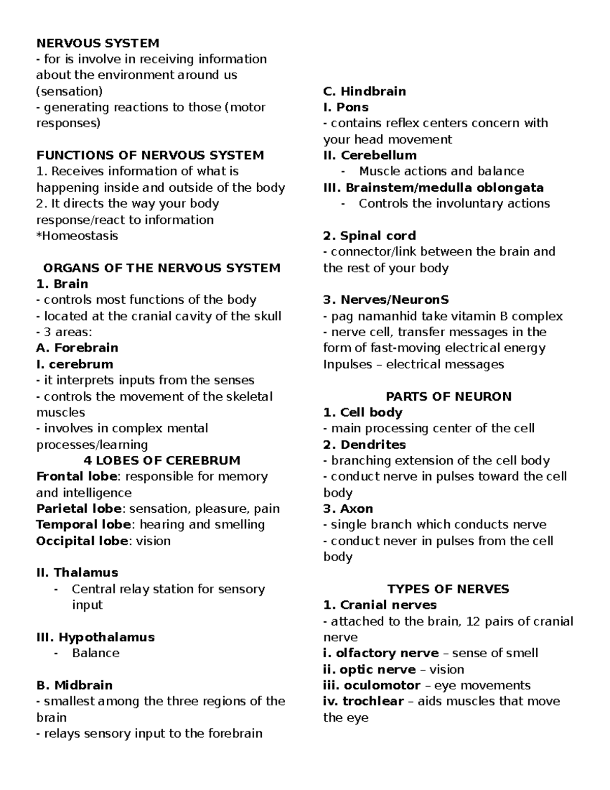 NS - Notes in Anatomy and Physiology - NERVOUS SYSTEM for is involve in ...