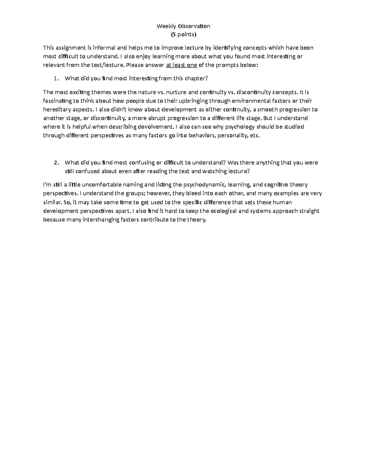 Weekly Observation from Textbook Chapter - Weekly Observation (5 points ...