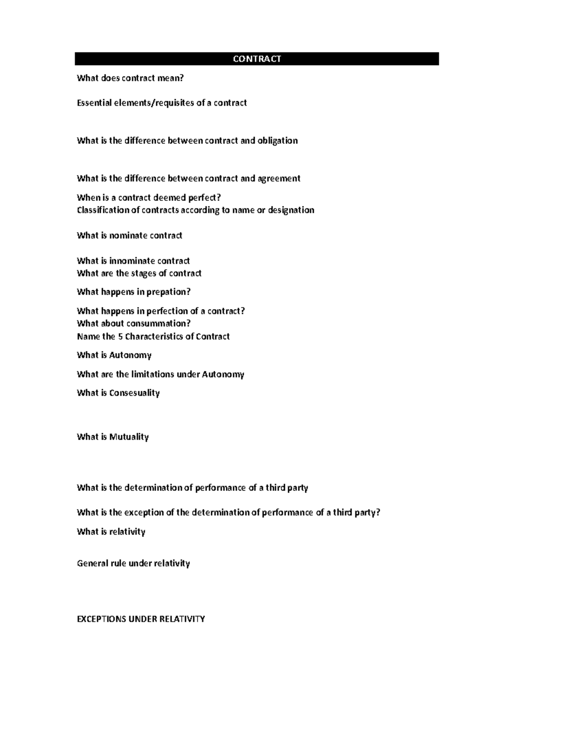 Reviewer ( Contracts) CONTRACT What does contract mean? Essential elements/requisites of a