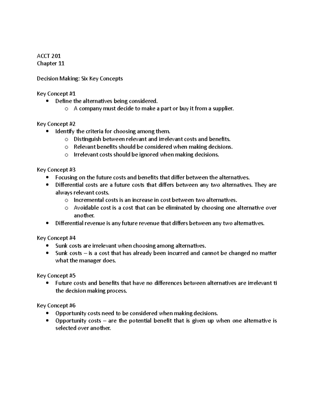 ACCT 201 - Ch 11 - Lecture notes 11-15 - ACCT 201 Chapter 11 Decision ...