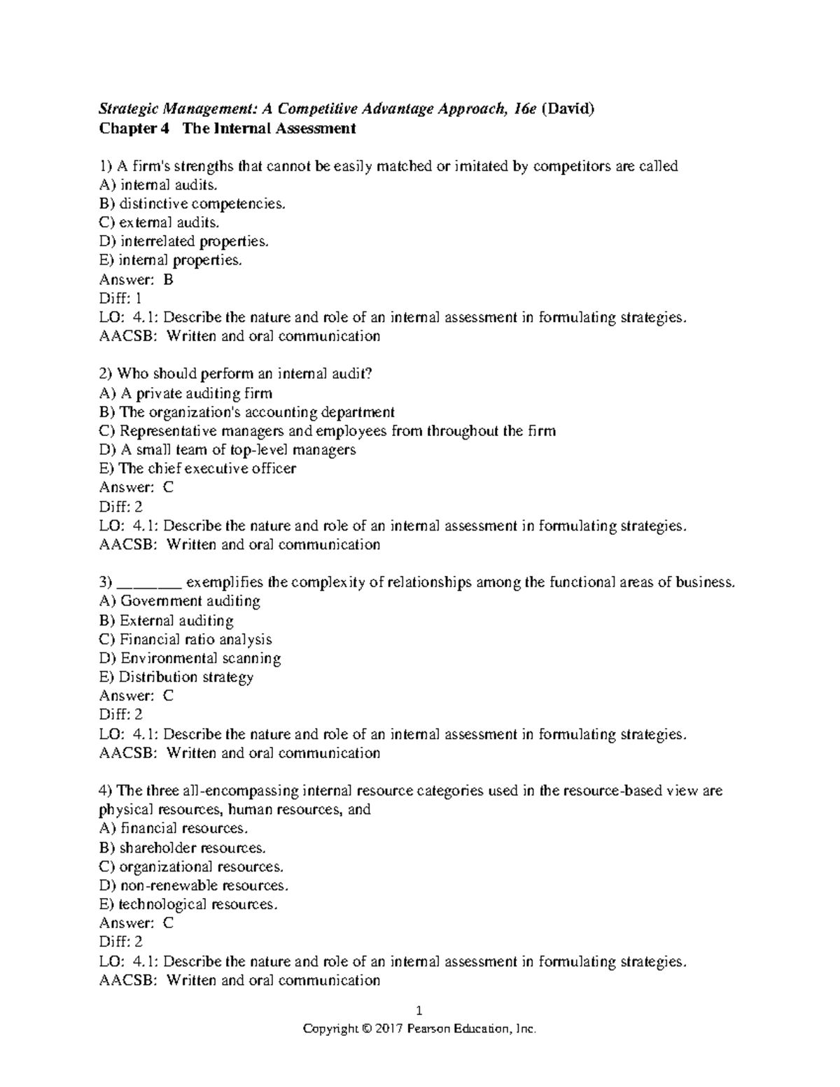 Chapter 4 - Testbank - 1 Strategic Management: A Competitive Advantage ...