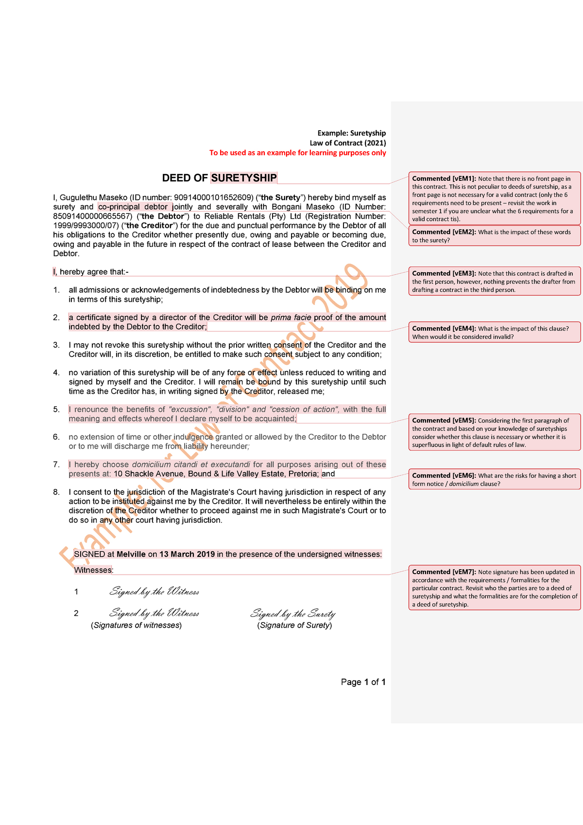 Sample Suretyship Example Suretyship Law Of Contract 2021 To Be 