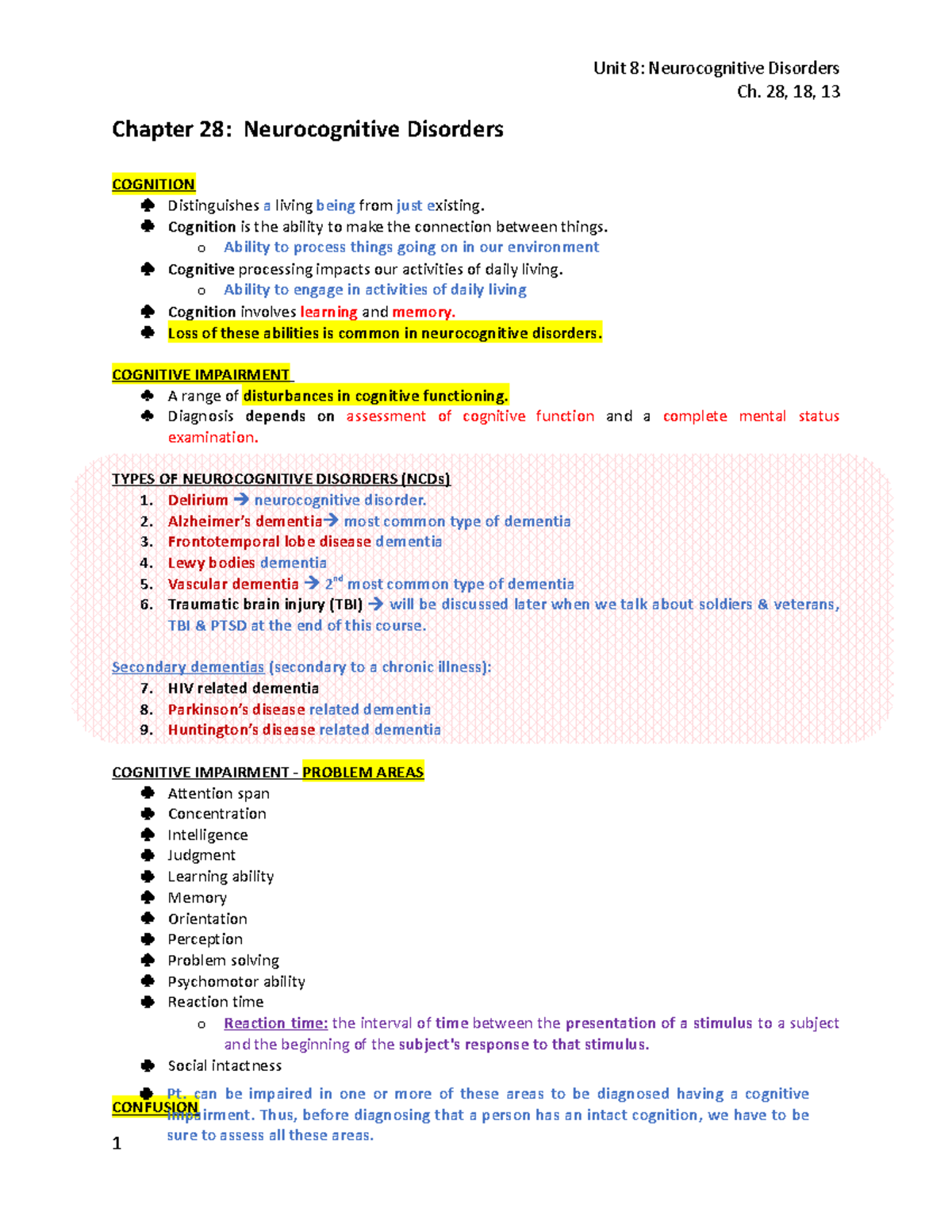 Neurocognitive Disorder - Ch. 28, 18, 13 Chapter 28: Neurocognitive ...