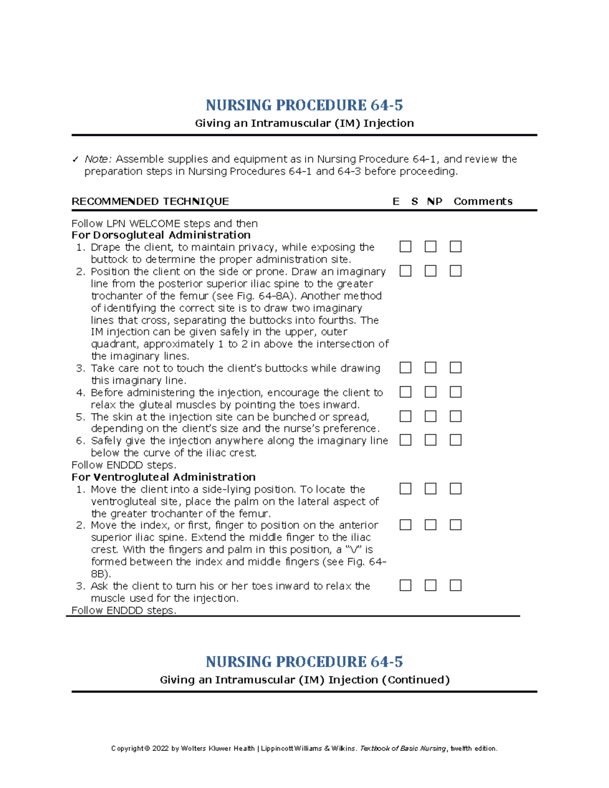 Nursing Procedure 64-5 - RECOMMENDED TECHNIQUE E S NP Comments Follow ...