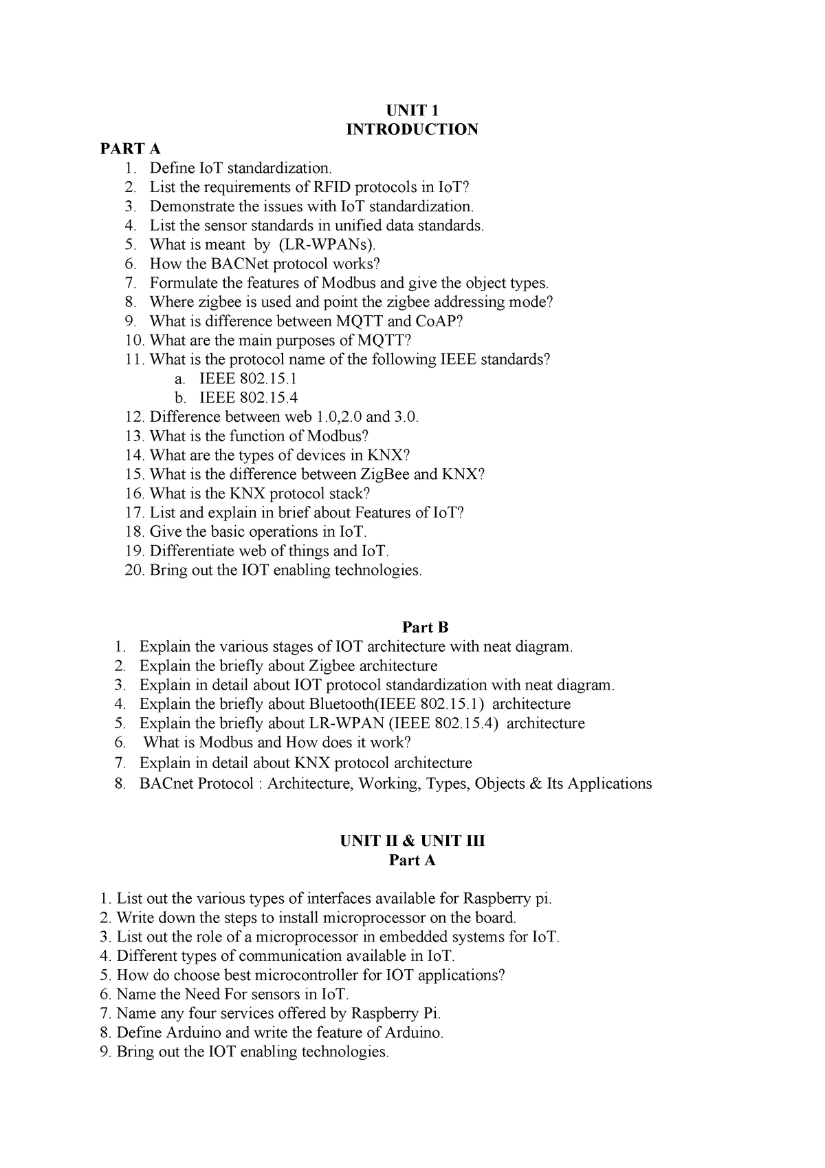 ALL 5 Units Question BANK - UNIT 1 INTRODUCTION PART A Define IoT ...