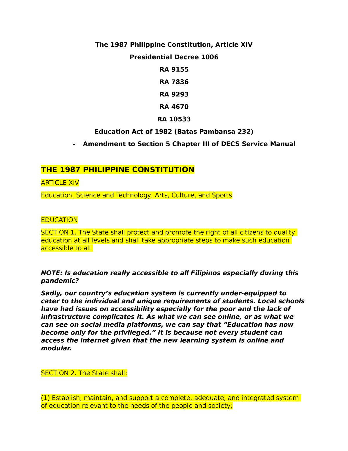 article xiv of the 1987 philippine constitution essay