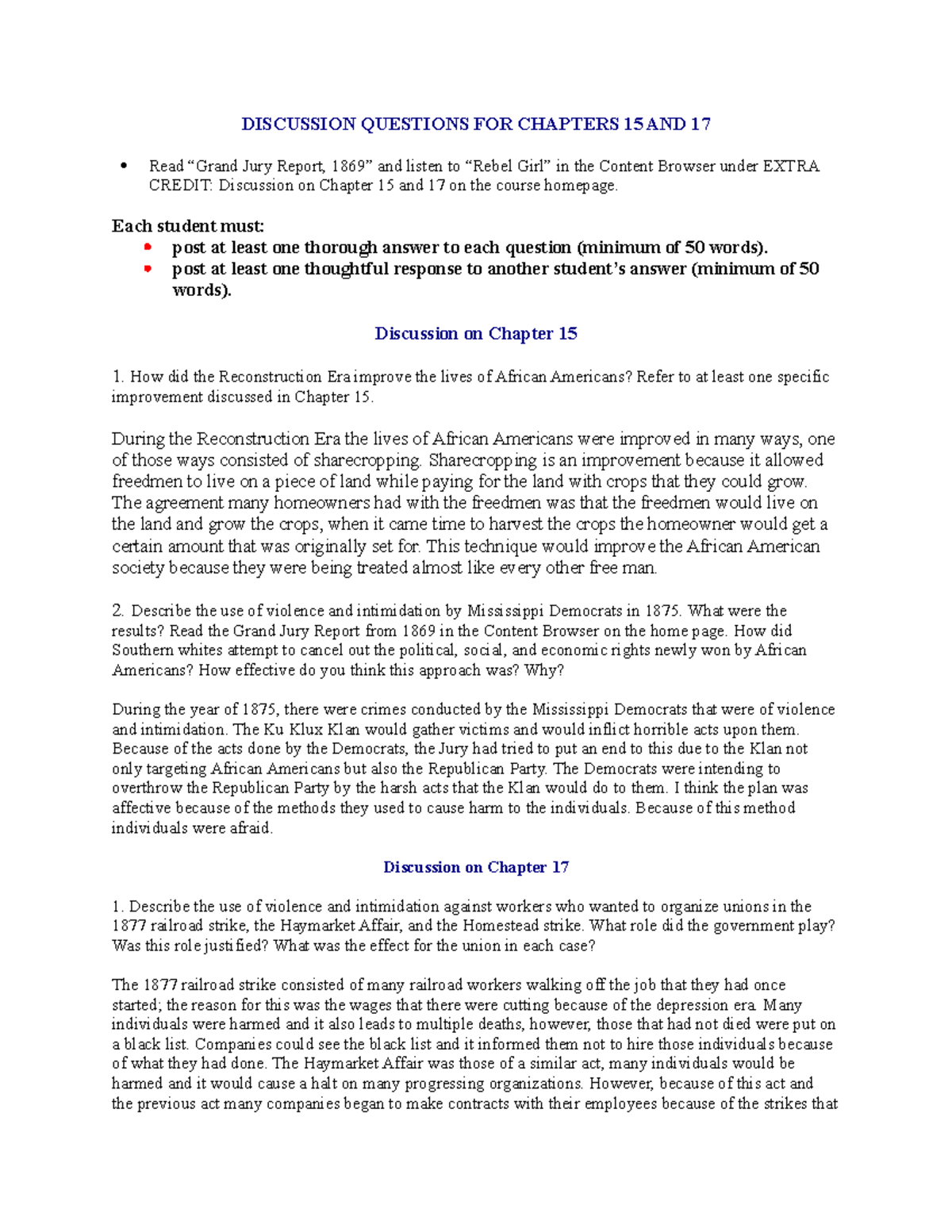 Discussion Questions Ch - DISCUSSION QUESTIONS FOR CHAPTERS 15 AND 17 ...