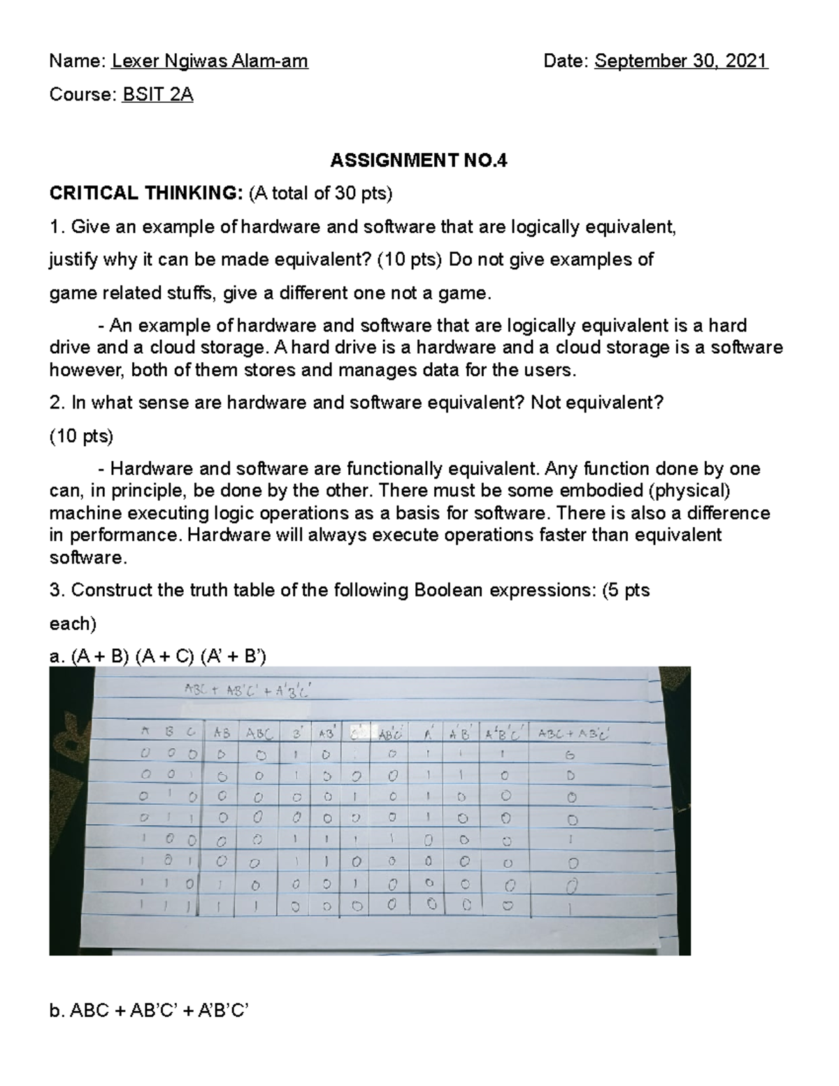 IT 128 Platform and Technologies Assignment 4 - Name: Lexer Ngiwas Alam ...