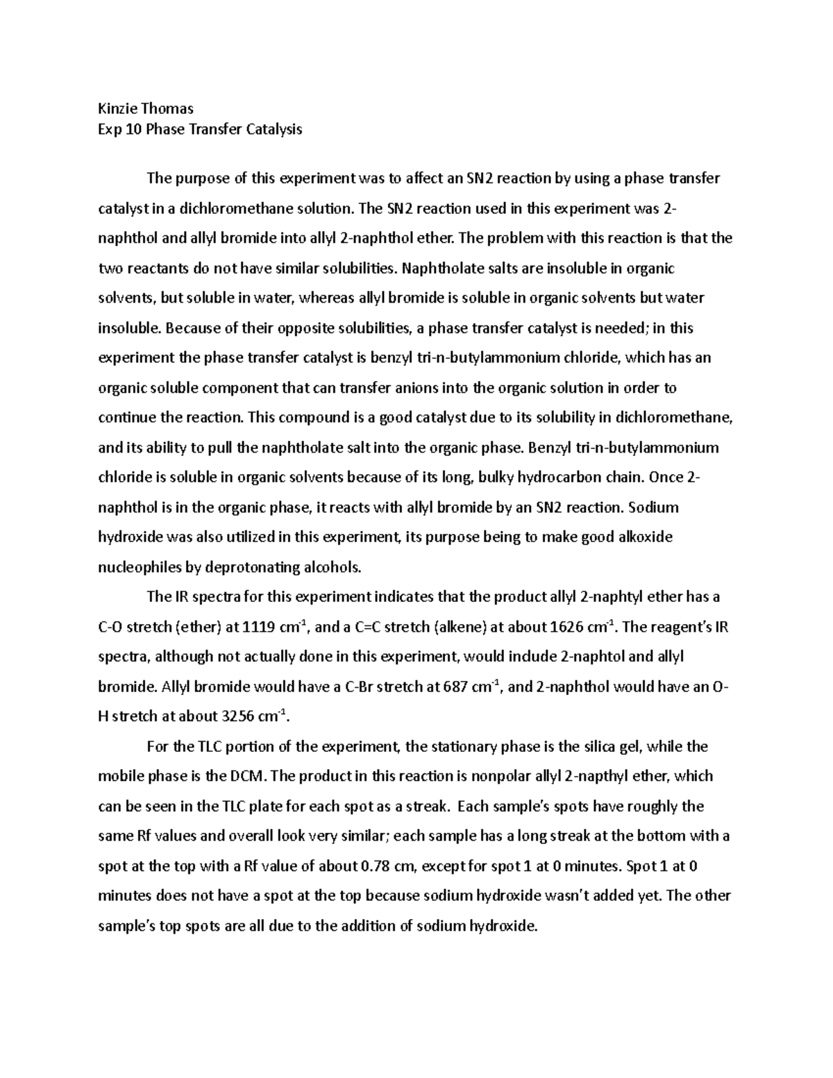 Exp 10 report - Grade: A - Kinzie Thomas Exp 10 Phase Transfer ...