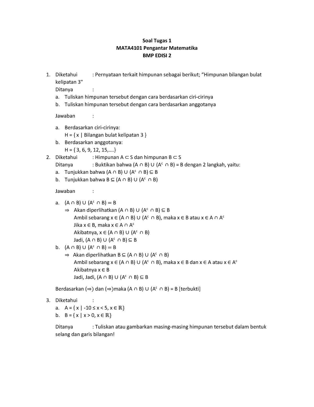 Tugas 1 MATA4101 Pengantar Matematika - Tuliskan Himpunan Tersebut ...