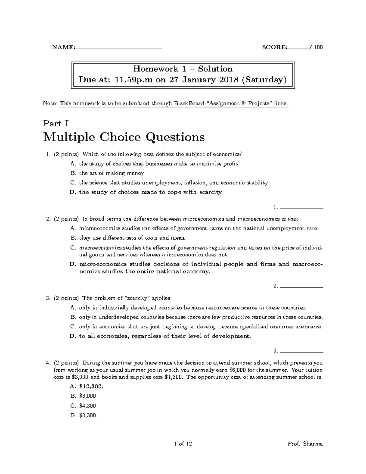 BB Homework 1 Solutions - NAME: SCORE: / 100 Homework 1 – Solution Due ...